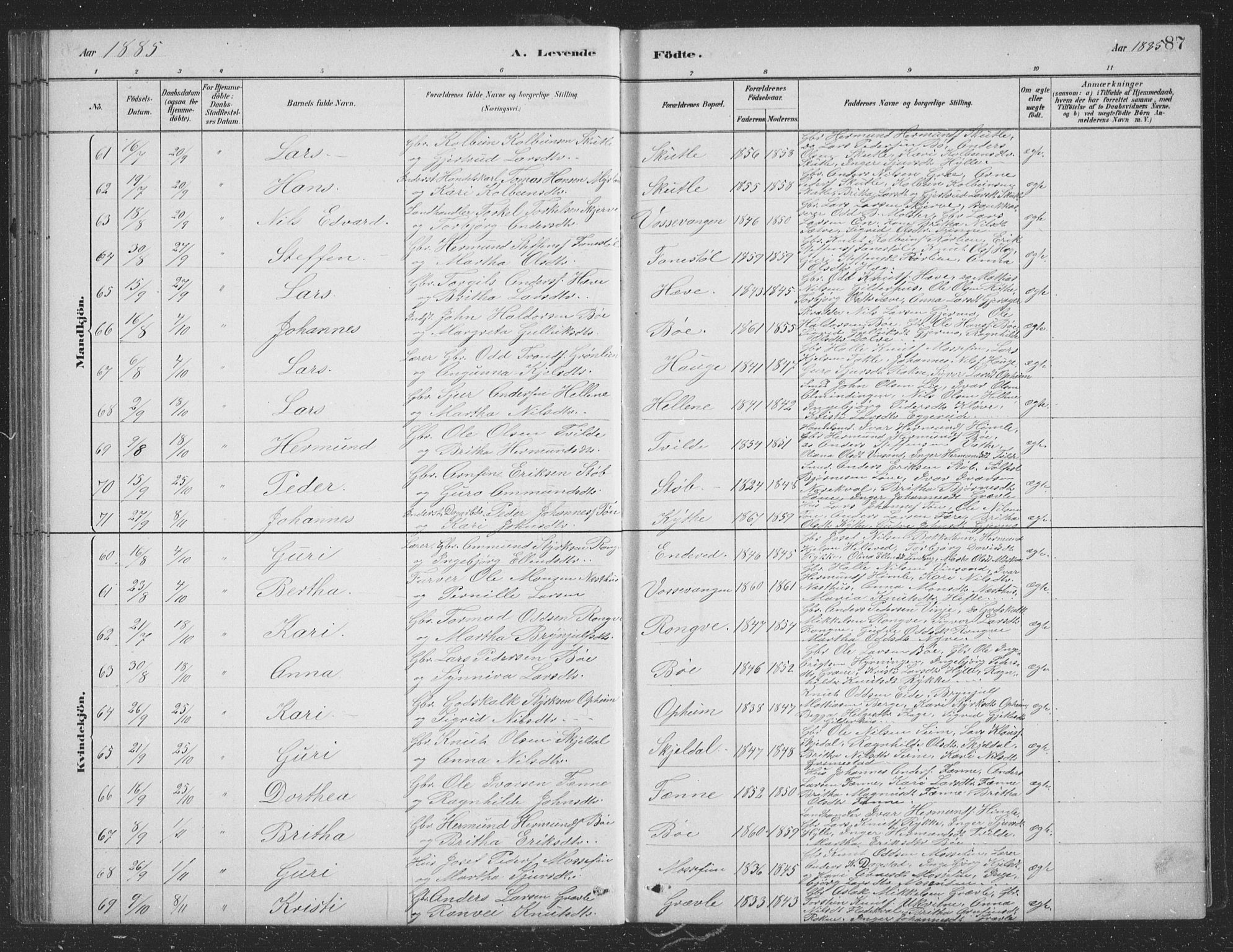 Voss sokneprestembete, SAB/A-79001/H/Hab: Parish register (copy) no. B 3, 1879-1894, p. 87