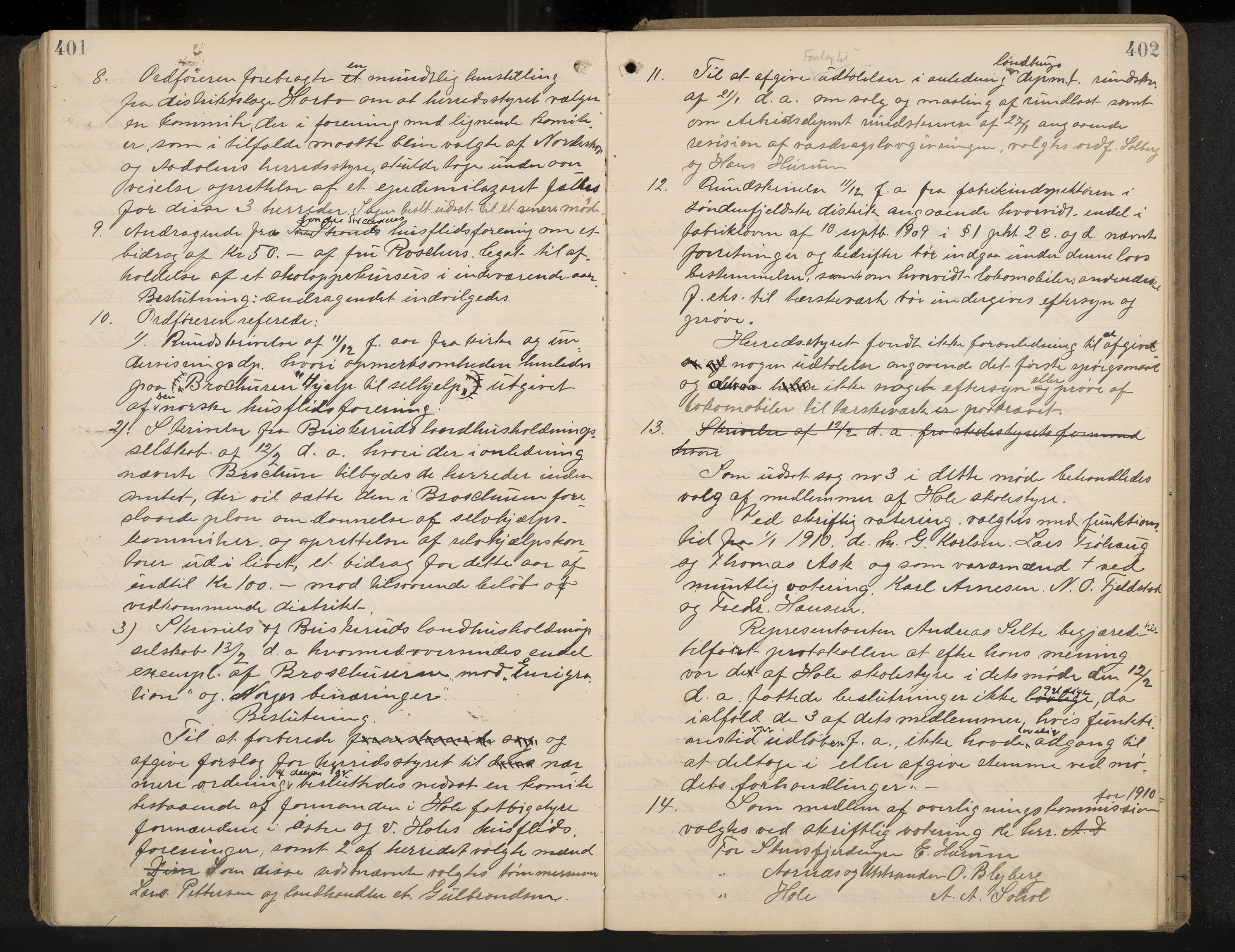 Hole formannskap og sentraladministrasjon, IKAK/0612021-1/A/Aa/L0004: Møtebok med register, 1902-1910, p. 401-402