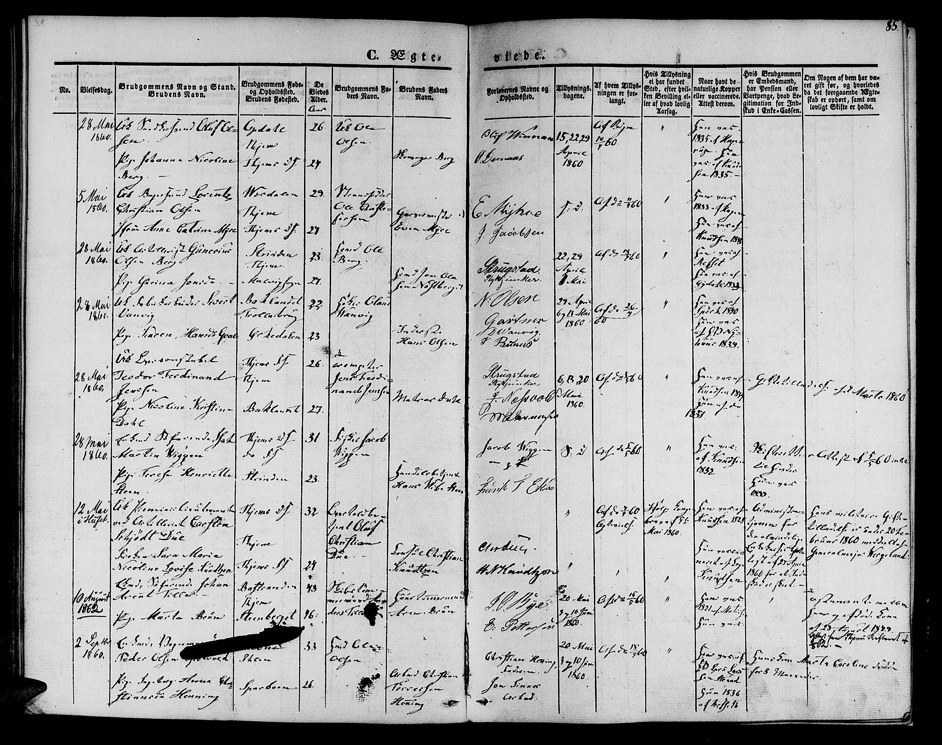 Ministerialprotokoller, klokkerbøker og fødselsregistre - Sør-Trøndelag, SAT/A-1456/602/L0111: Parish register (official) no. 602A09, 1844-1867, p. 85