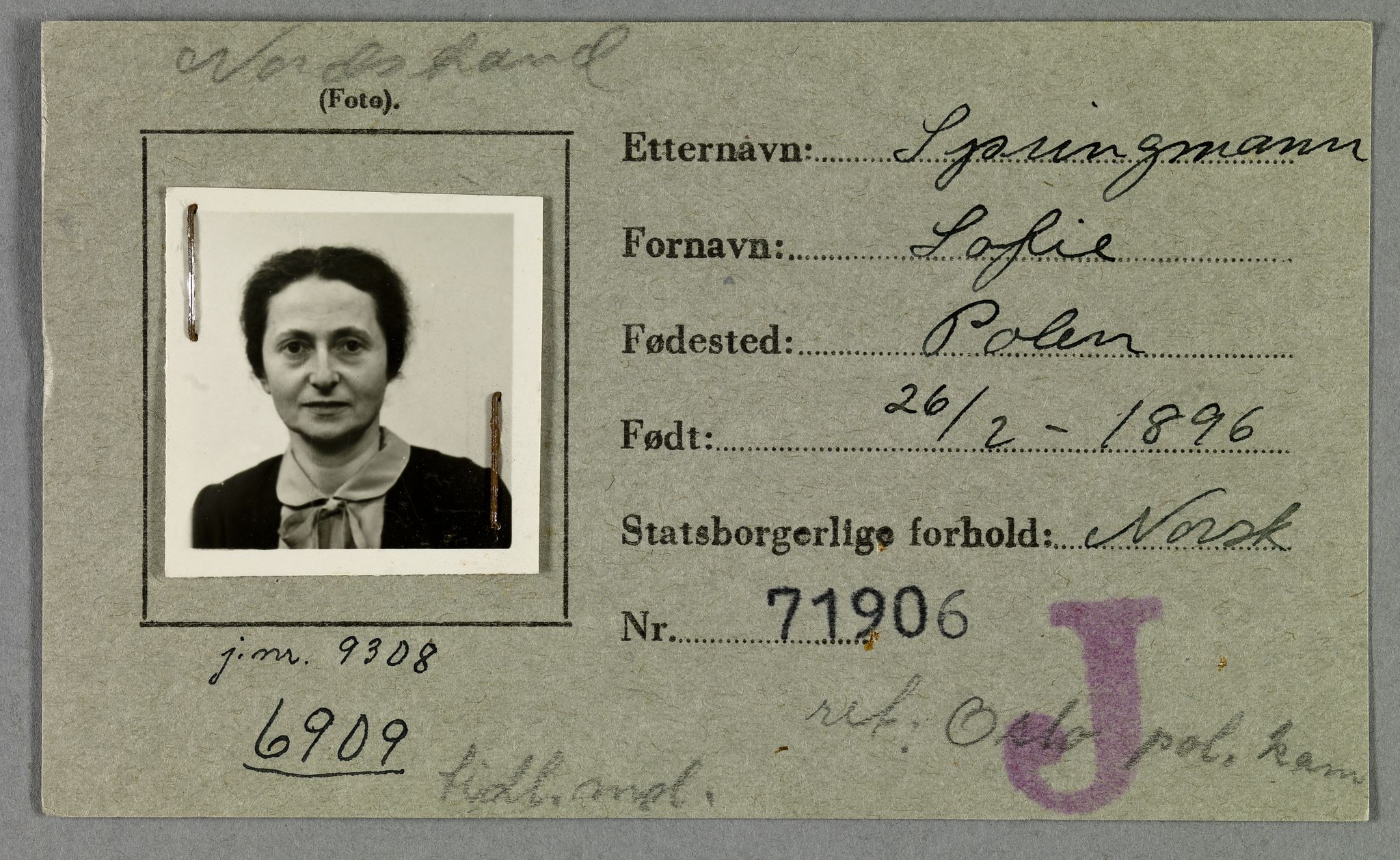Sosialdepartementet, Våre Falne, RA/S-1708/E/Ee/L0021A: Fotografier av jøder på legitimasjonskort (1941-42), 1941-1942, p. 321