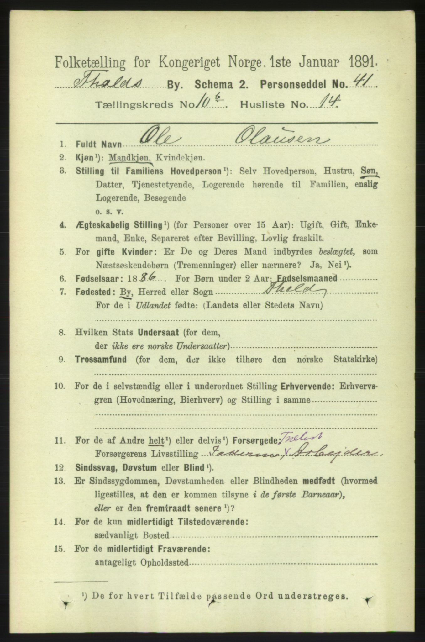 RA, 1891 census for 0101 Fredrikshald, 1891, p. 7521