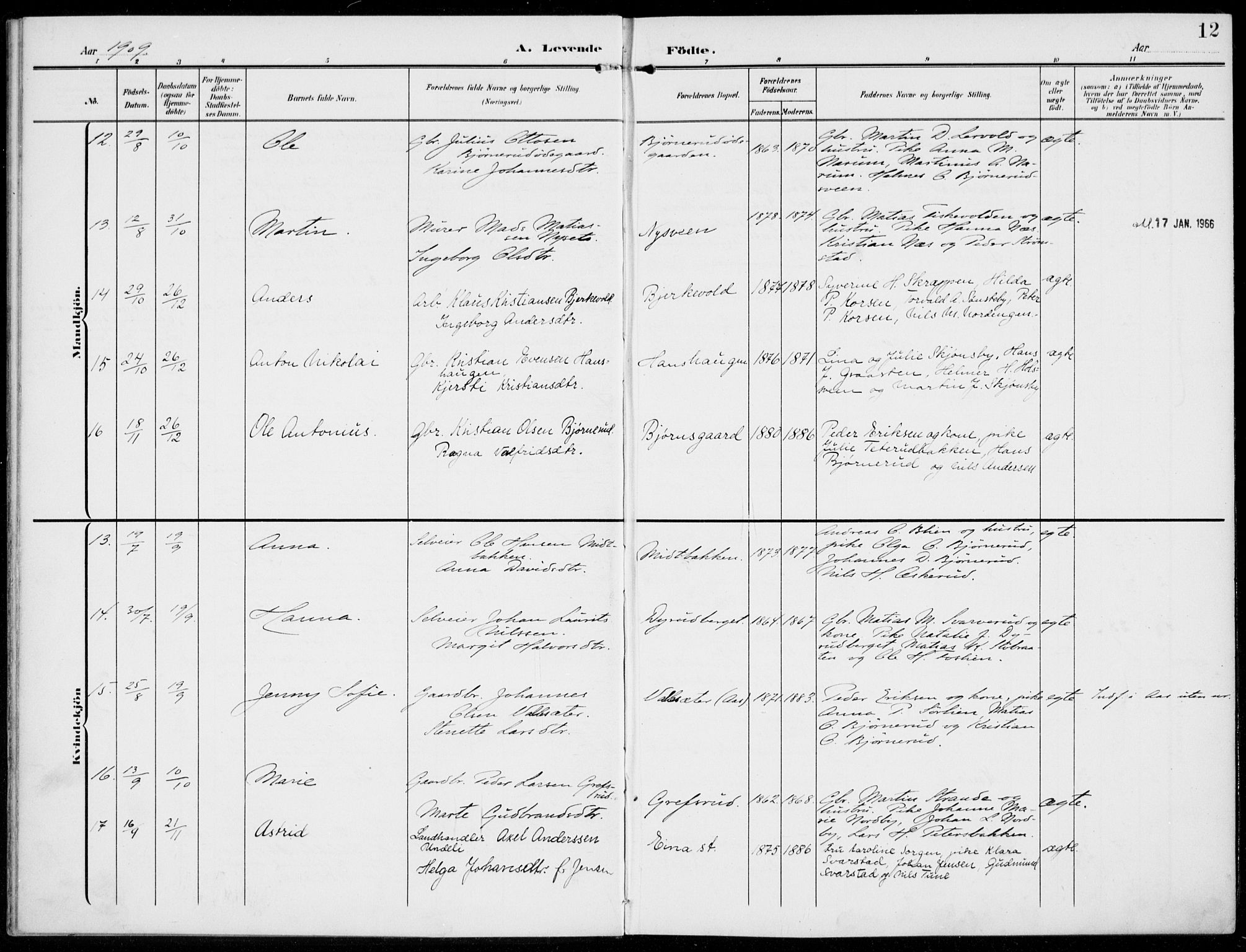 Kolbu prestekontor, AV/SAH-PREST-110/H/Ha/Haa/L0001: Parish register (official) no. 1, 1907-1923, p. 12