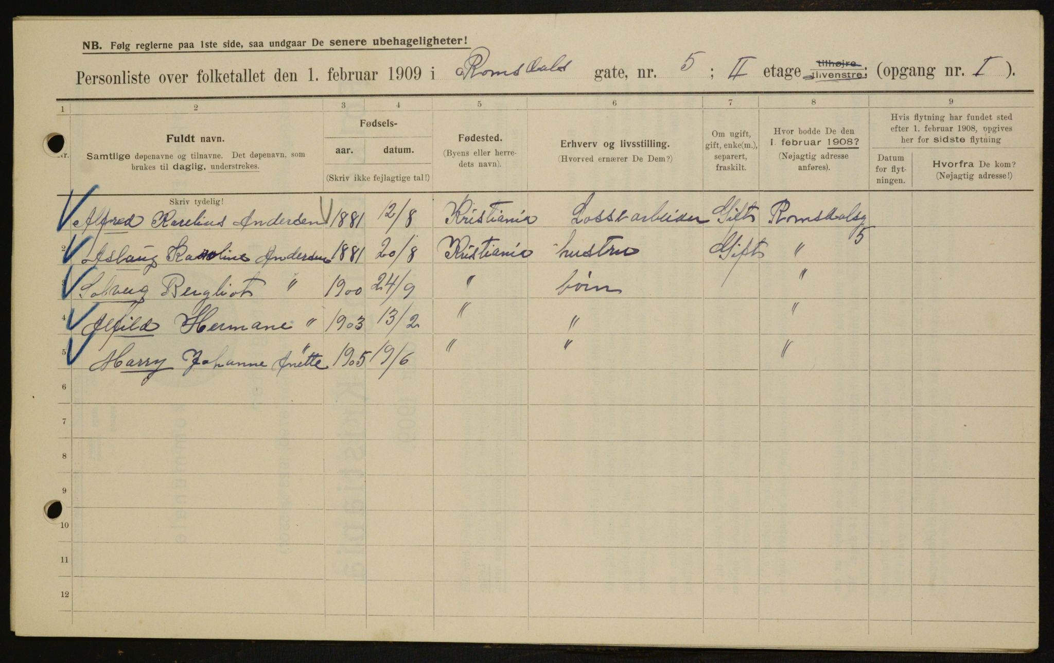 OBA, Municipal Census 1909 for Kristiania, 1909, p. 75452