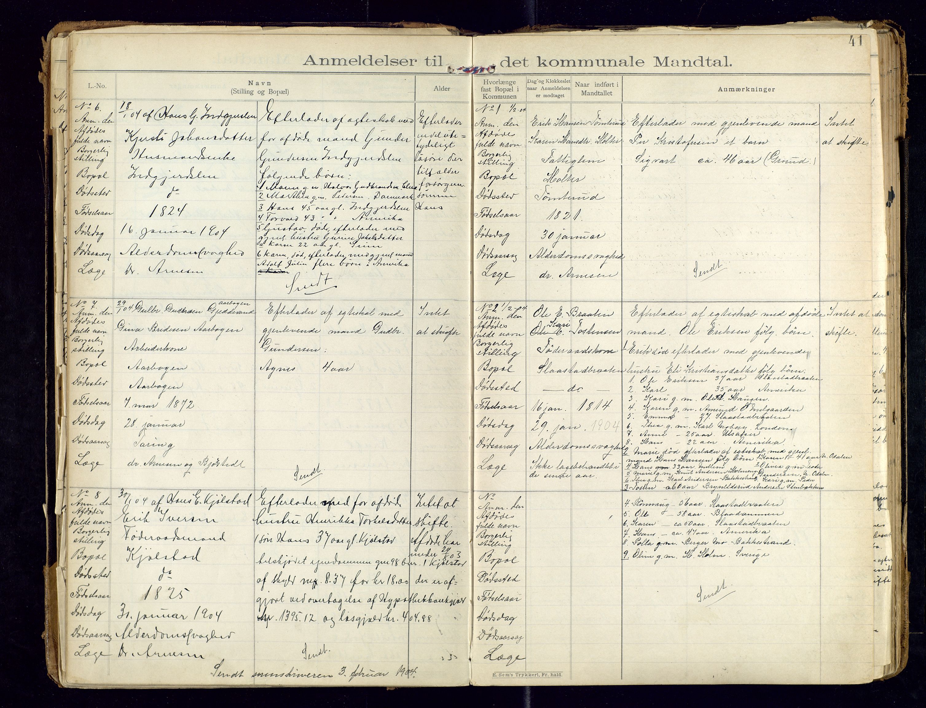 Sør-Odal lensmannskontor, SAH/LHS-022/H/Hb/L0001/0002: Protokoller over anmeldte dødsfall / Protokoll over anmeldte dødsfall, 1901-1913, p. 41