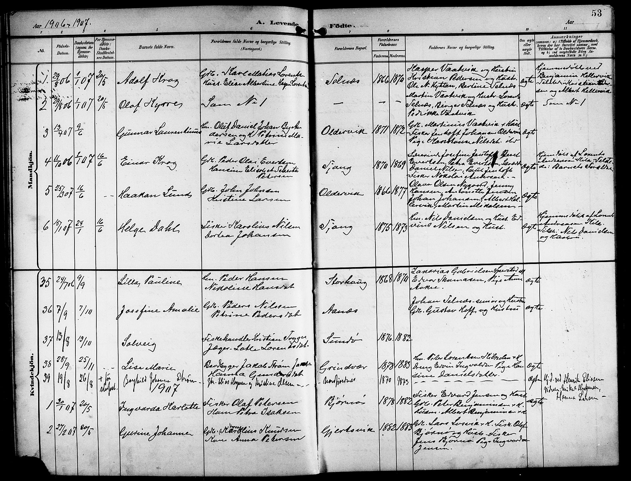 Ministerialprotokoller, klokkerbøker og fødselsregistre - Nordland, AV/SAT-A-1459/841/L0621: Parish register (copy) no. 841C05, 1897-1923, p. 53