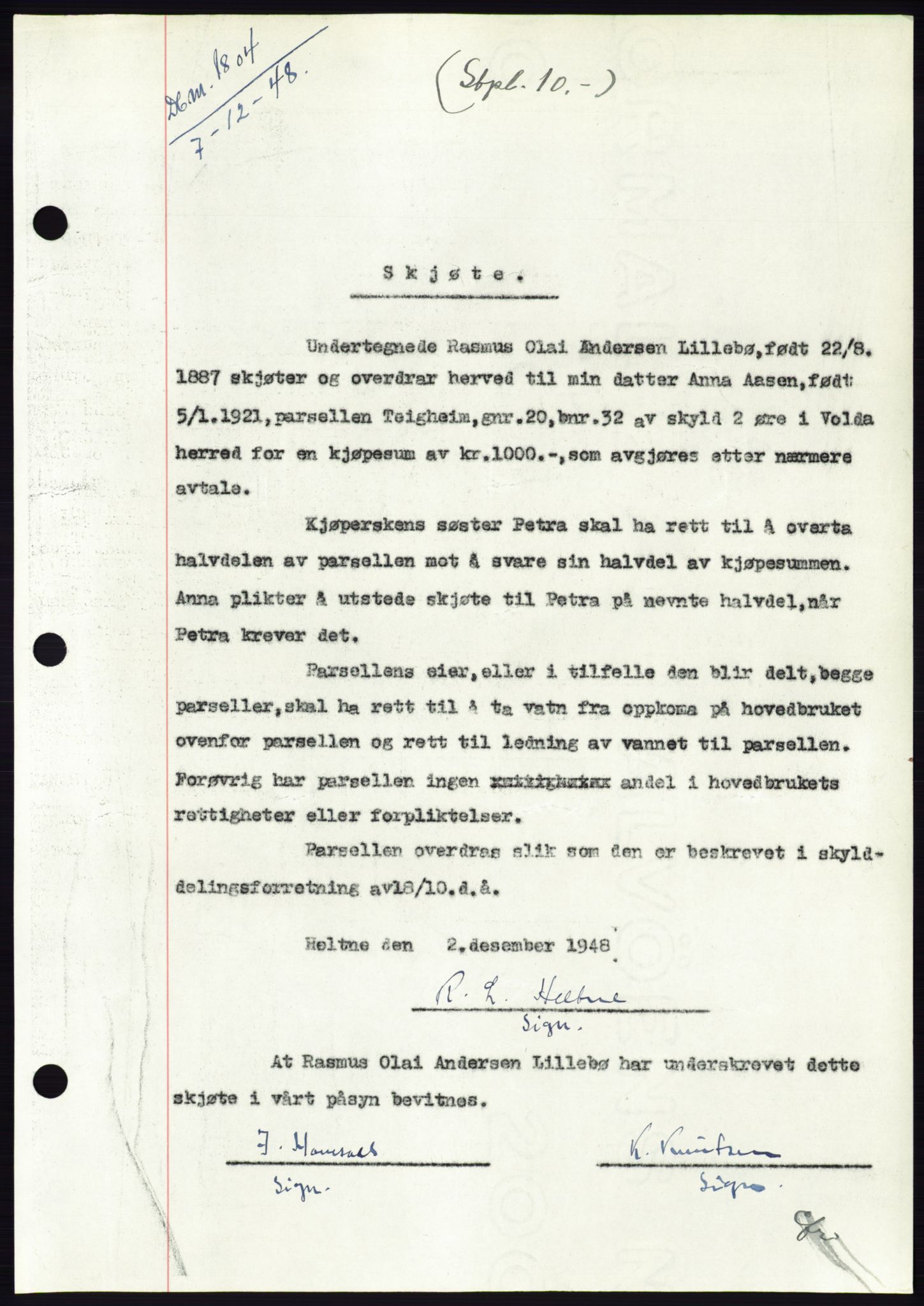 Søre Sunnmøre sorenskriveri, AV/SAT-A-4122/1/2/2C/L0083: Mortgage book no. 9A, 1948-1949, Diary no: : 1804/1948