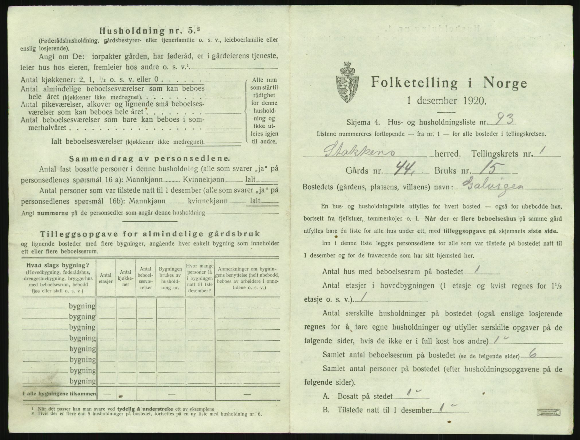 SAK, 1920 census for Stokken, 1920, p. 212