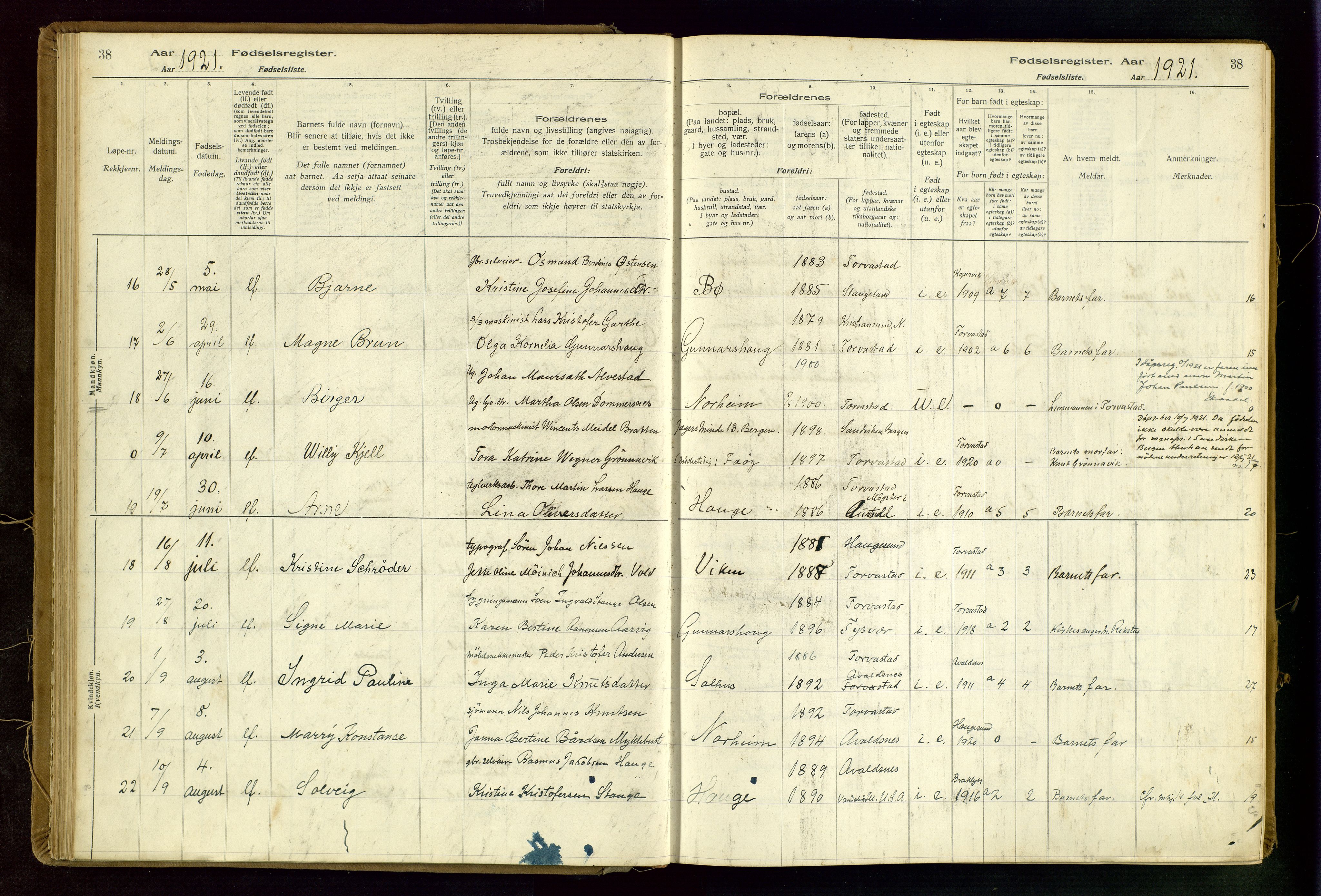 Torvastad sokneprestkontor, AV/SAST-A -101857/I/Id/L0002: Birth register no. 2, 1916-1950, p. 38