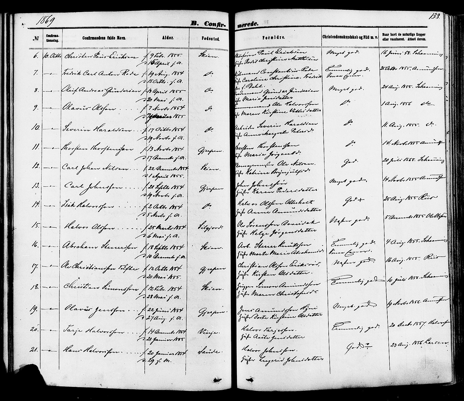 Skien kirkebøker, AV/SAKO-A-302/F/Fa/L0008: Parish register (official) no. 8, 1866-1877, p. 138