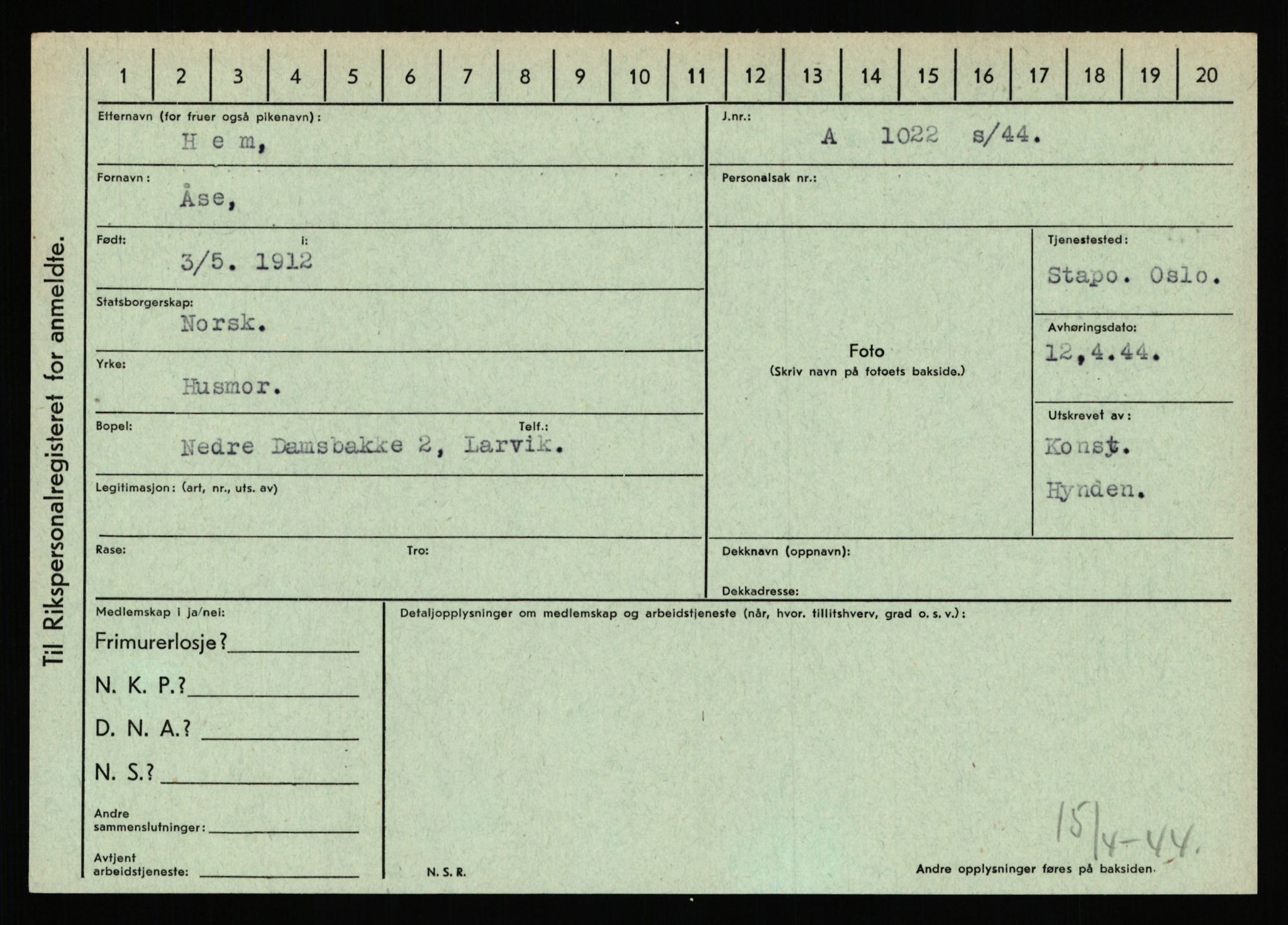 Statspolitiet - Hovedkontoret / Osloavdelingen, AV/RA-S-1329/C/Ca/L0006: Hanche - Hokstvedt, 1943-1945, p. 3528