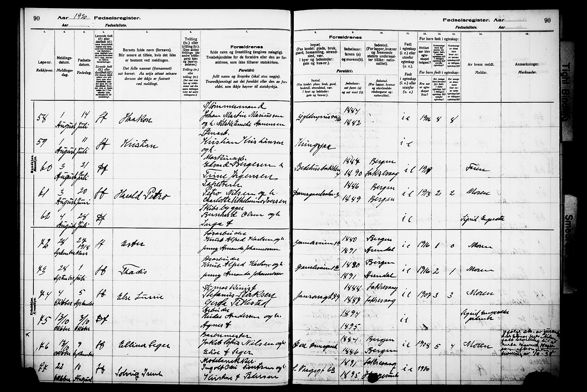 Laksevåg Sokneprestembete, AV/SAB-A-76501/I/Id/L00A1: Birth register no. A 1, 1916-1926, p. 90