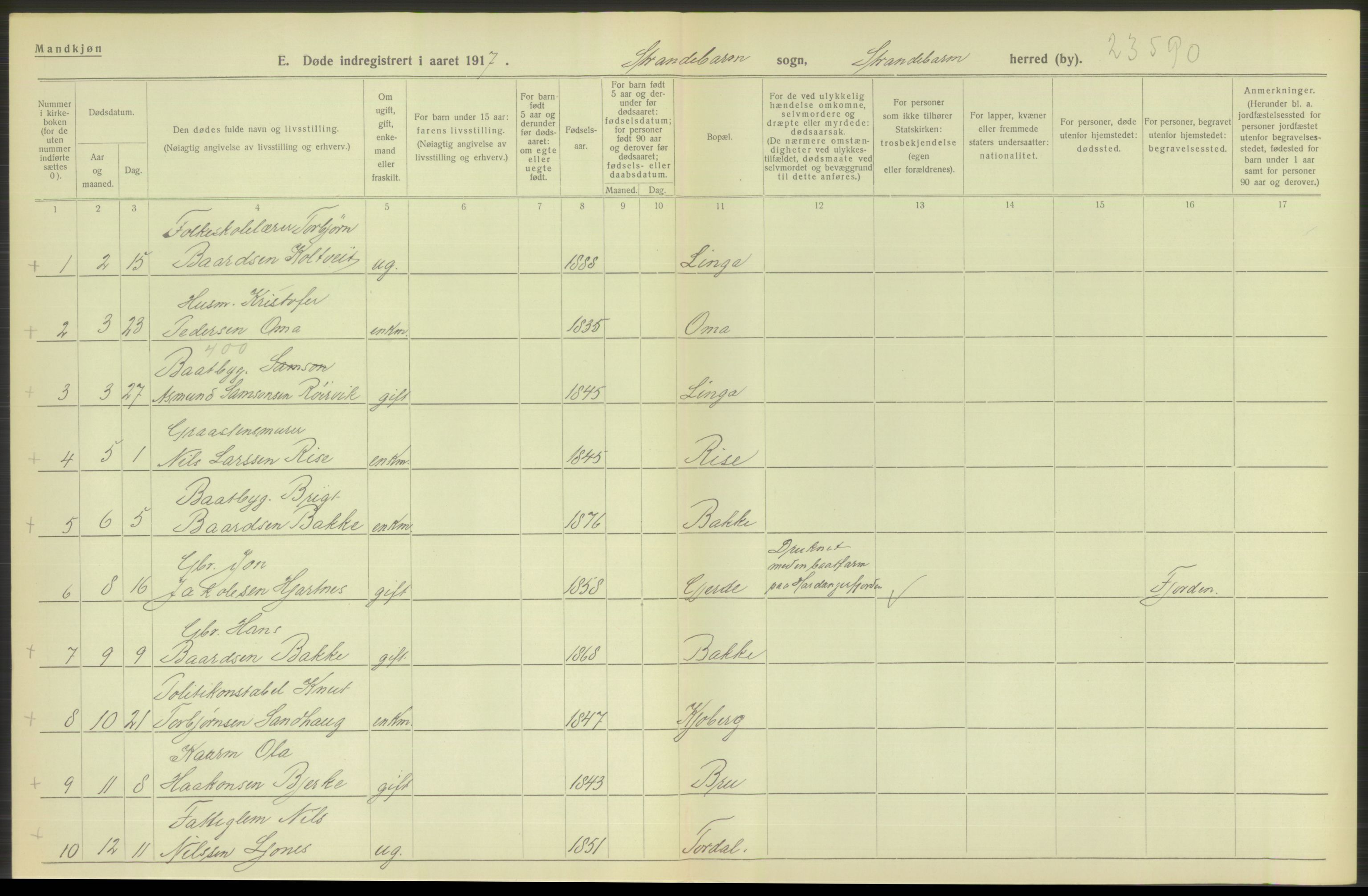 Statistisk sentralbyrå, Sosiodemografiske emner, Befolkning, RA/S-2228/D/Df/Dfb/Dfbg/L0036: S. Bergenhus amt: Døde, dødfødte. Bygder., 1917, p. 196