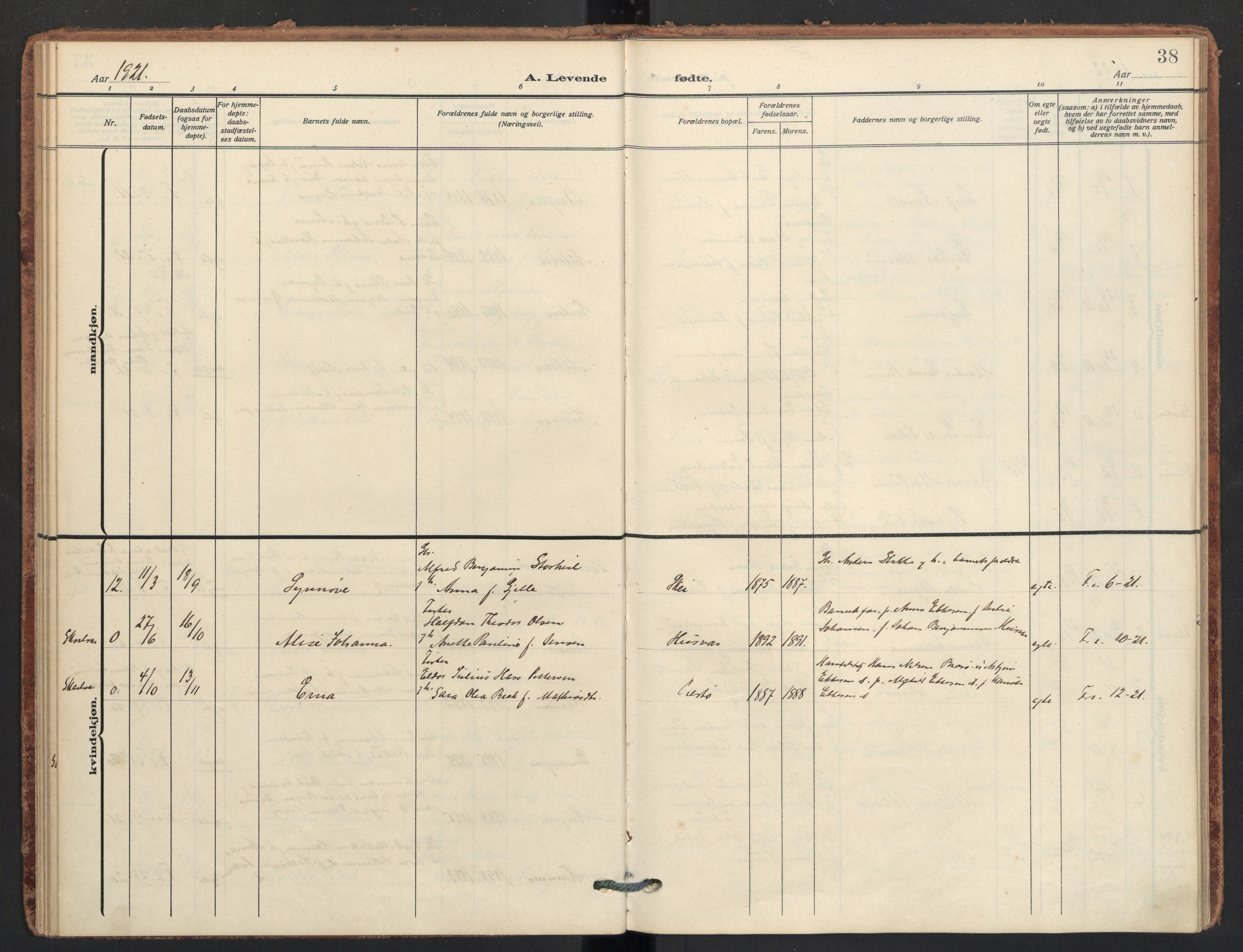 Ministerialprotokoller, klokkerbøker og fødselsregistre - Nordland, AV/SAT-A-1459/830/L0455: Parish register (official) no. 830A19, 1912-1942, p. 38