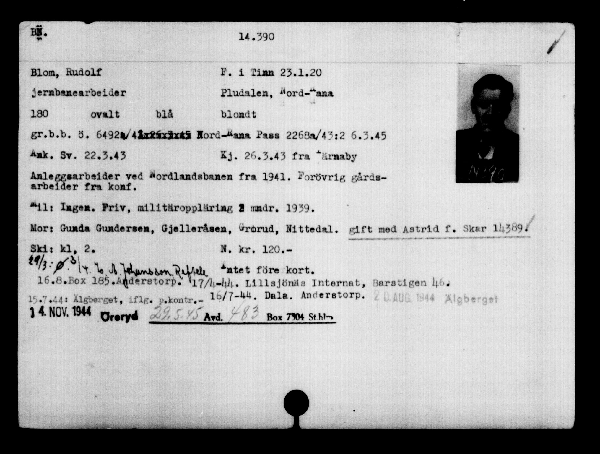Utenriksstasjonene, Legasjonen i Stockholm, Flyktningkontoret, AV/RA-S-6753/V/Va/L0007: Kjesäterkartoteket, flyktninger med registreringsnr. 12700-15723, 1940-1945, p. 1953