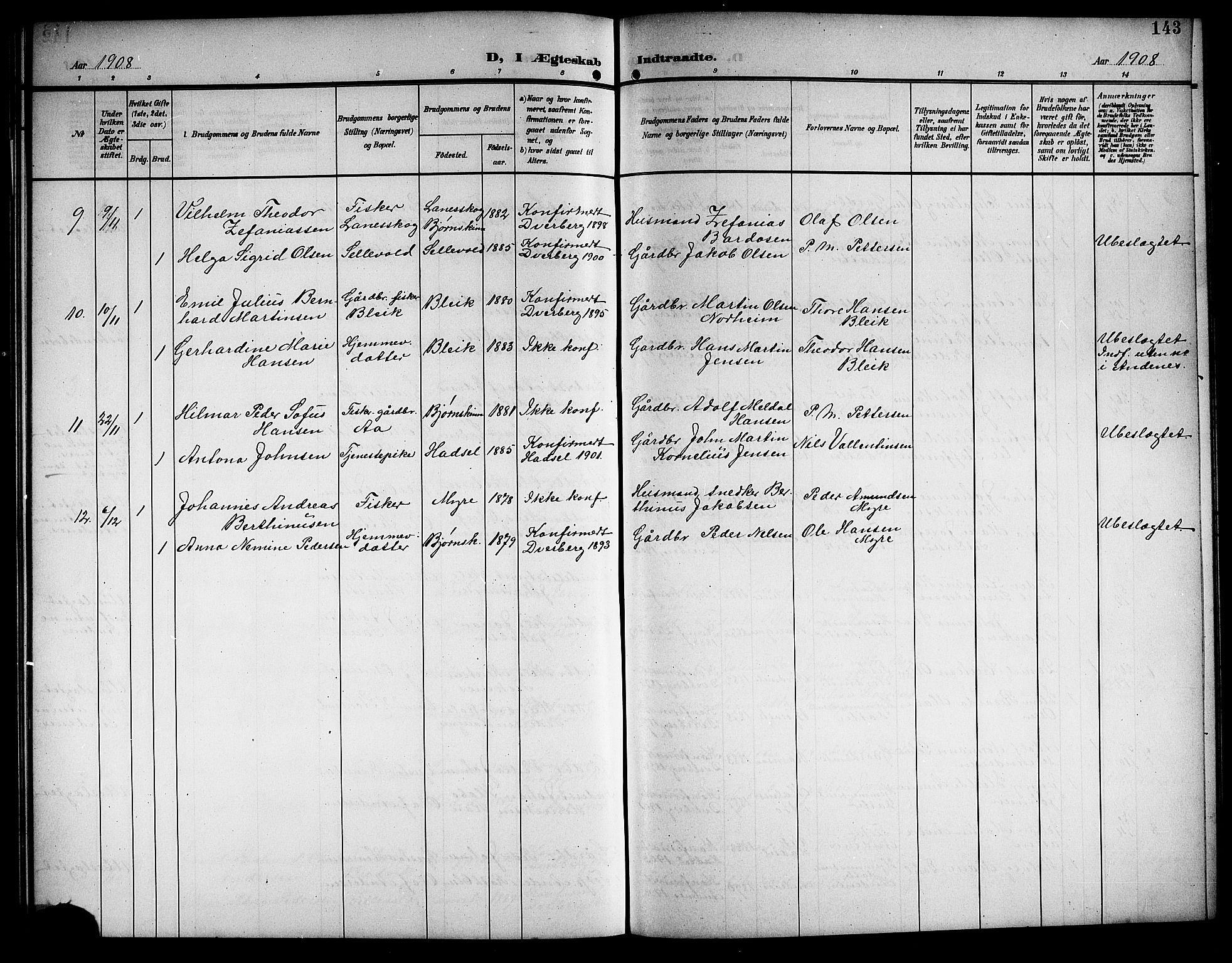 Ministerialprotokoller, klokkerbøker og fødselsregistre - Nordland, AV/SAT-A-1459/897/L1414: Parish register (copy) no. 897C04, 1904-1915, p. 143