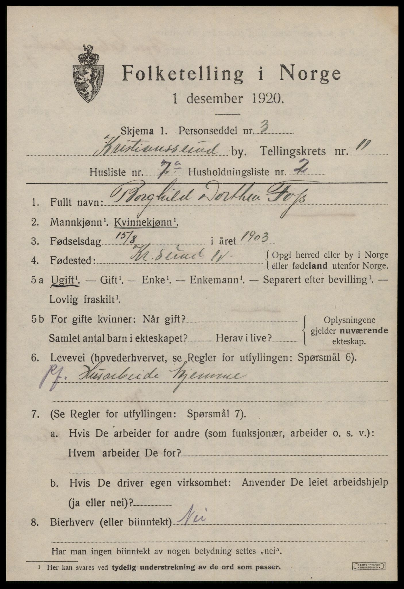 SAT, 1920 census for Kristiansund, 1920, p. 24081