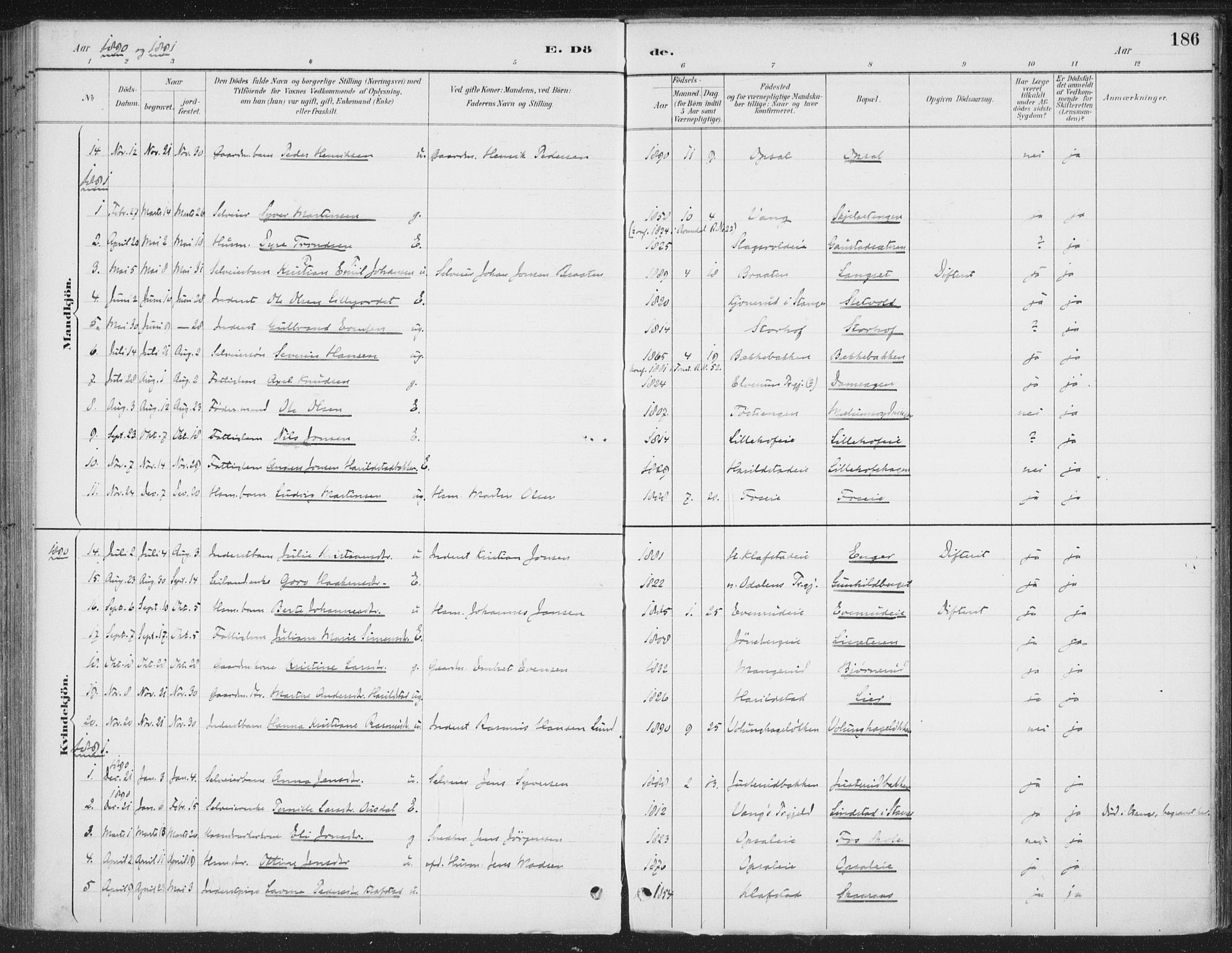 Romedal prestekontor, AV/SAH-PREST-004/K/L0008: Parish register (official) no. 8, 1887-1905, p. 186