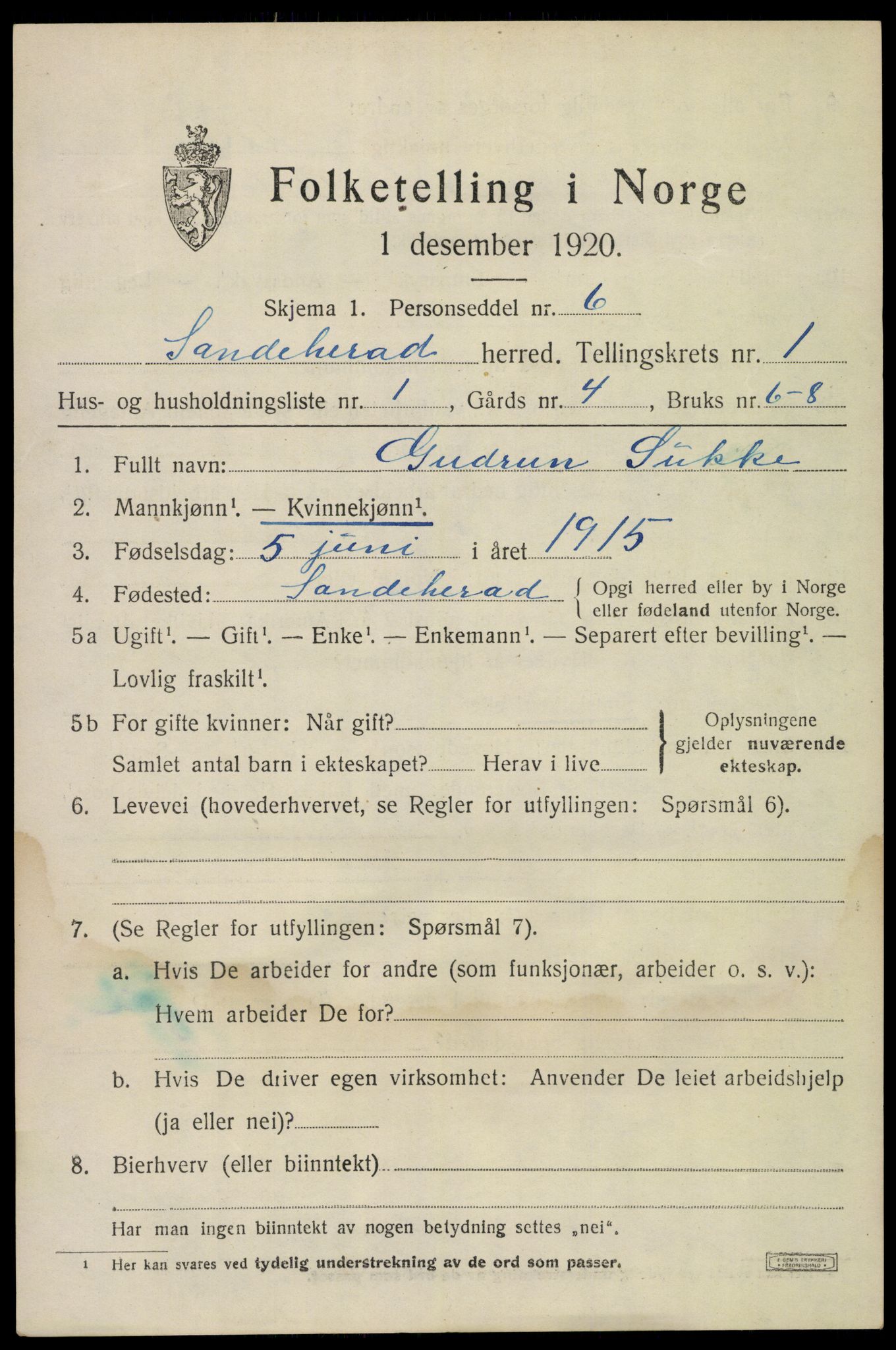 SAKO, 1920 census for Sandeherred, 1920, p. 3762