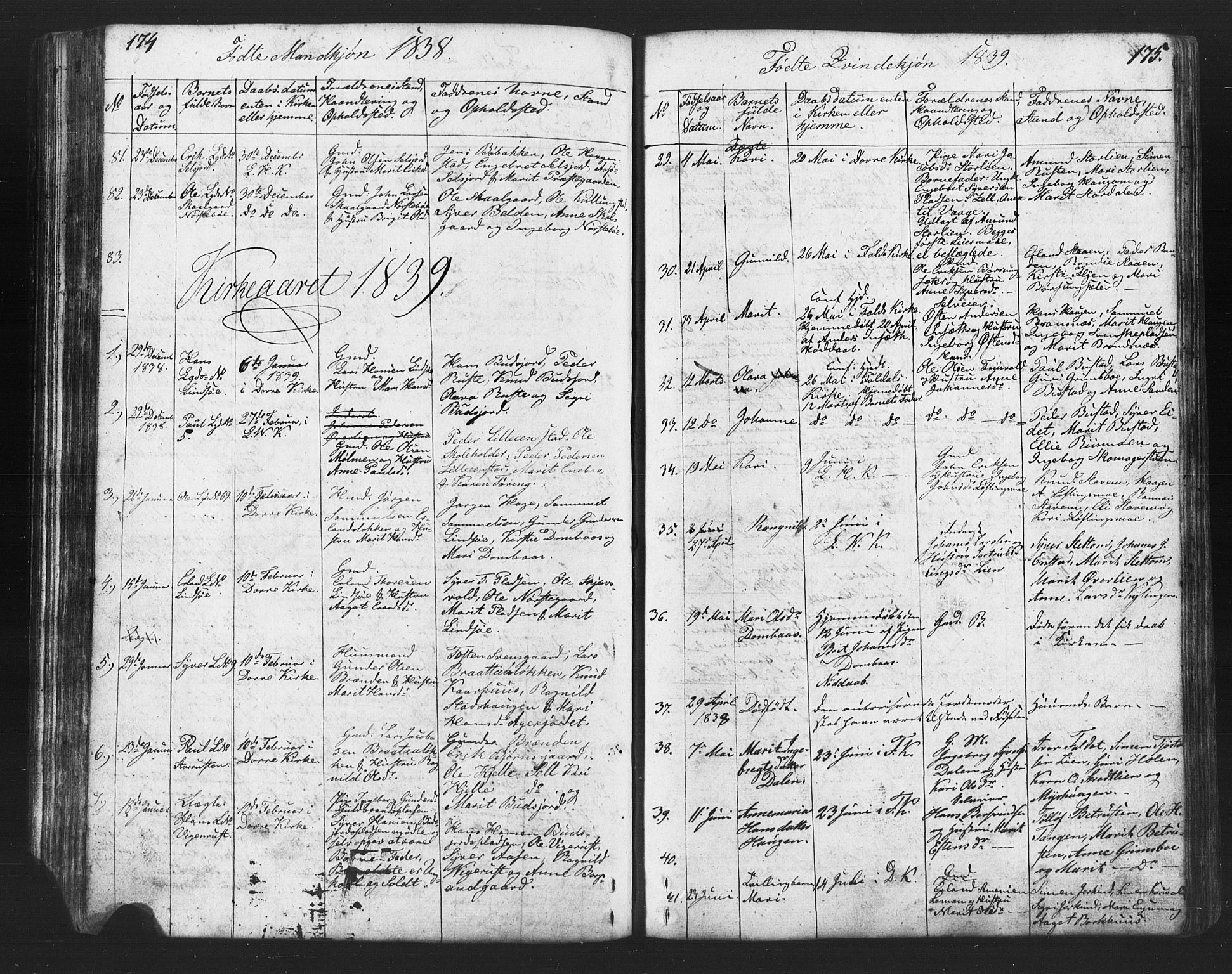 Lesja prestekontor, SAH/PREST-068/H/Ha/Hab/L0002: Parish register (copy) no. 2, 1832-1850, p. 174-175