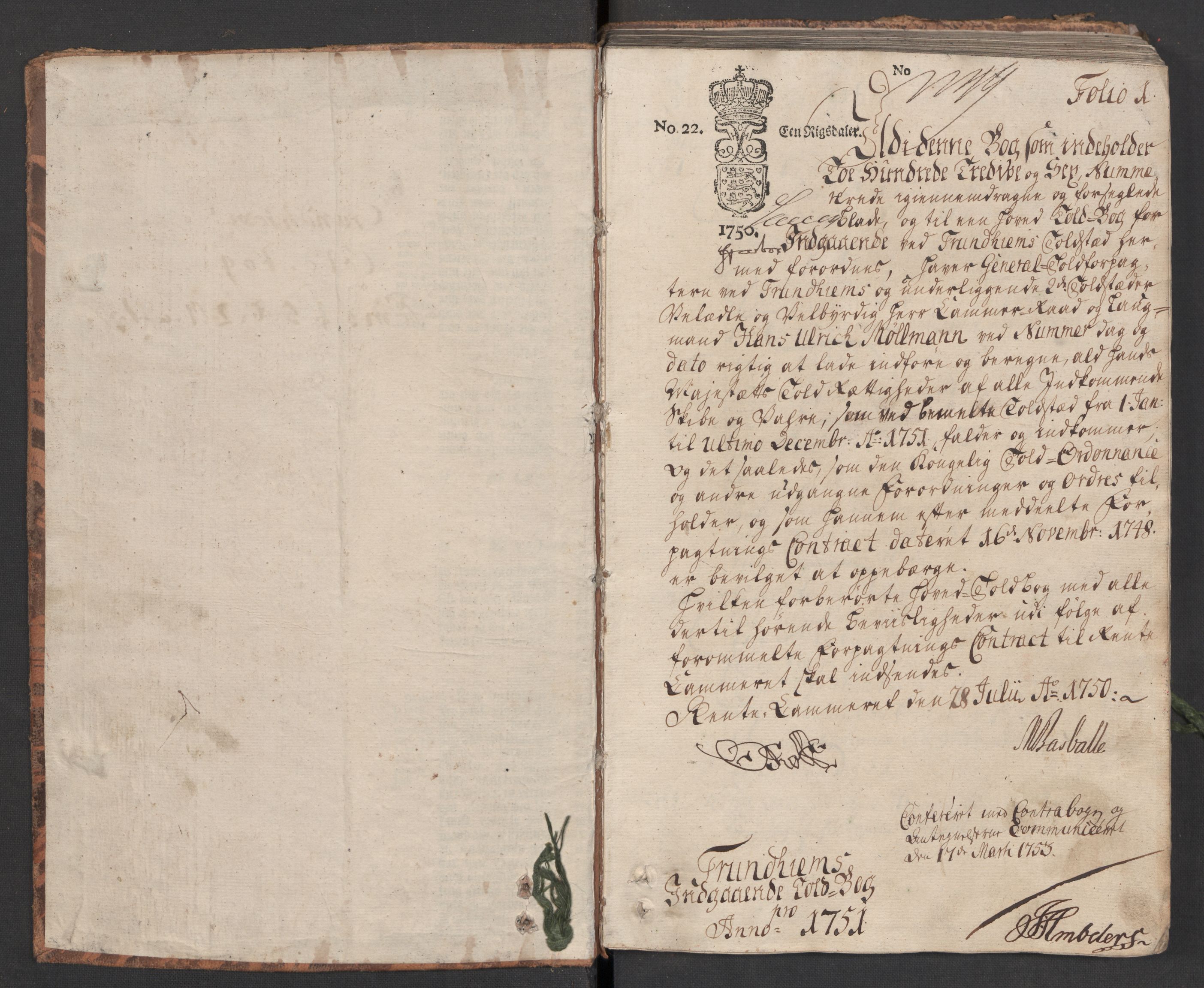 Generaltollkammeret, tollregnskaper, AV/RA-EA-5490/R33/L0024/0001: Tollregnskaper Trondheim A / Inngående hovedtollbok, 1751