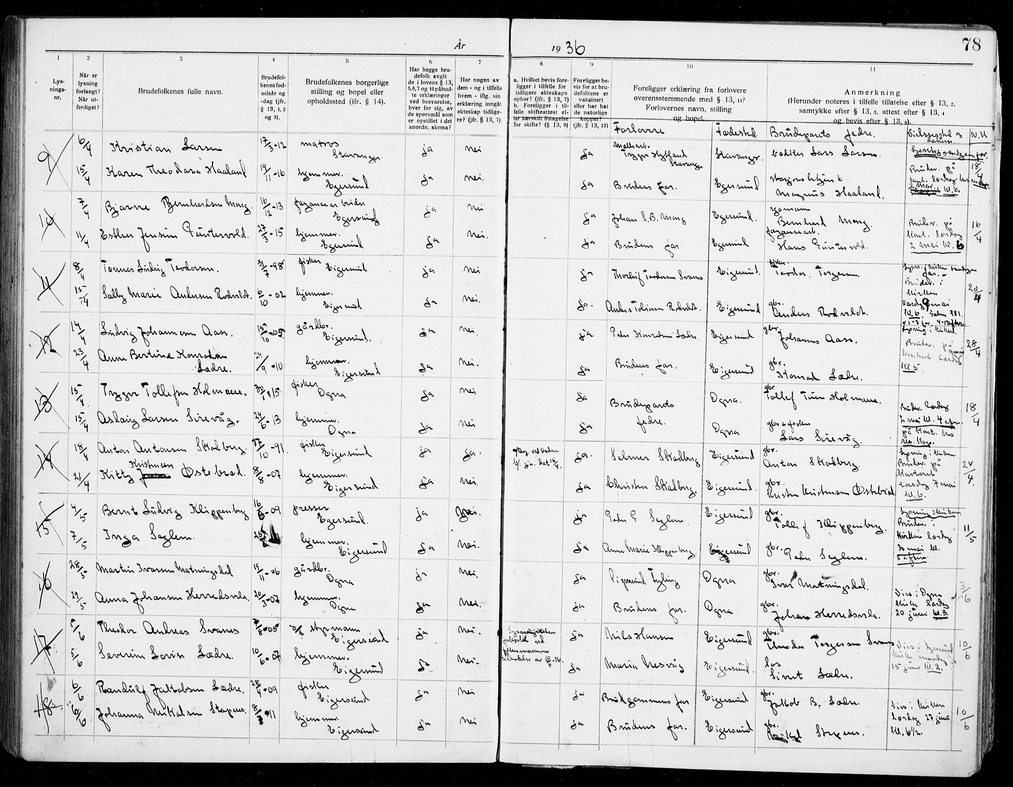 Eigersund sokneprestkontor, AV/SAST-A-101807/S27/L0003: Banns register no. 3, 1919-1939, p. 78