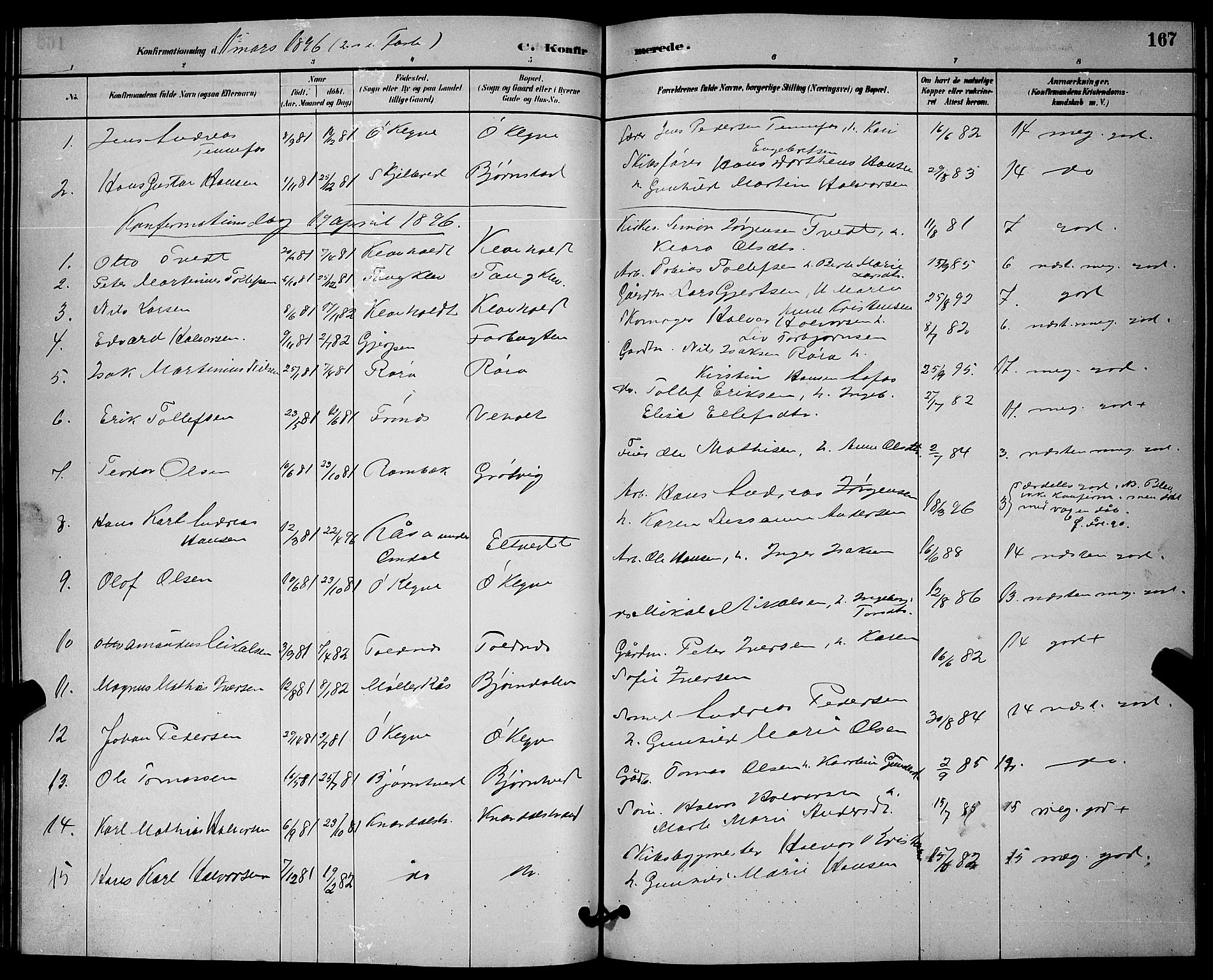 Solum kirkebøker, SAKO/A-306/G/Ga/L0007: Parish register (copy) no. I 7, 1884-1898, p. 167