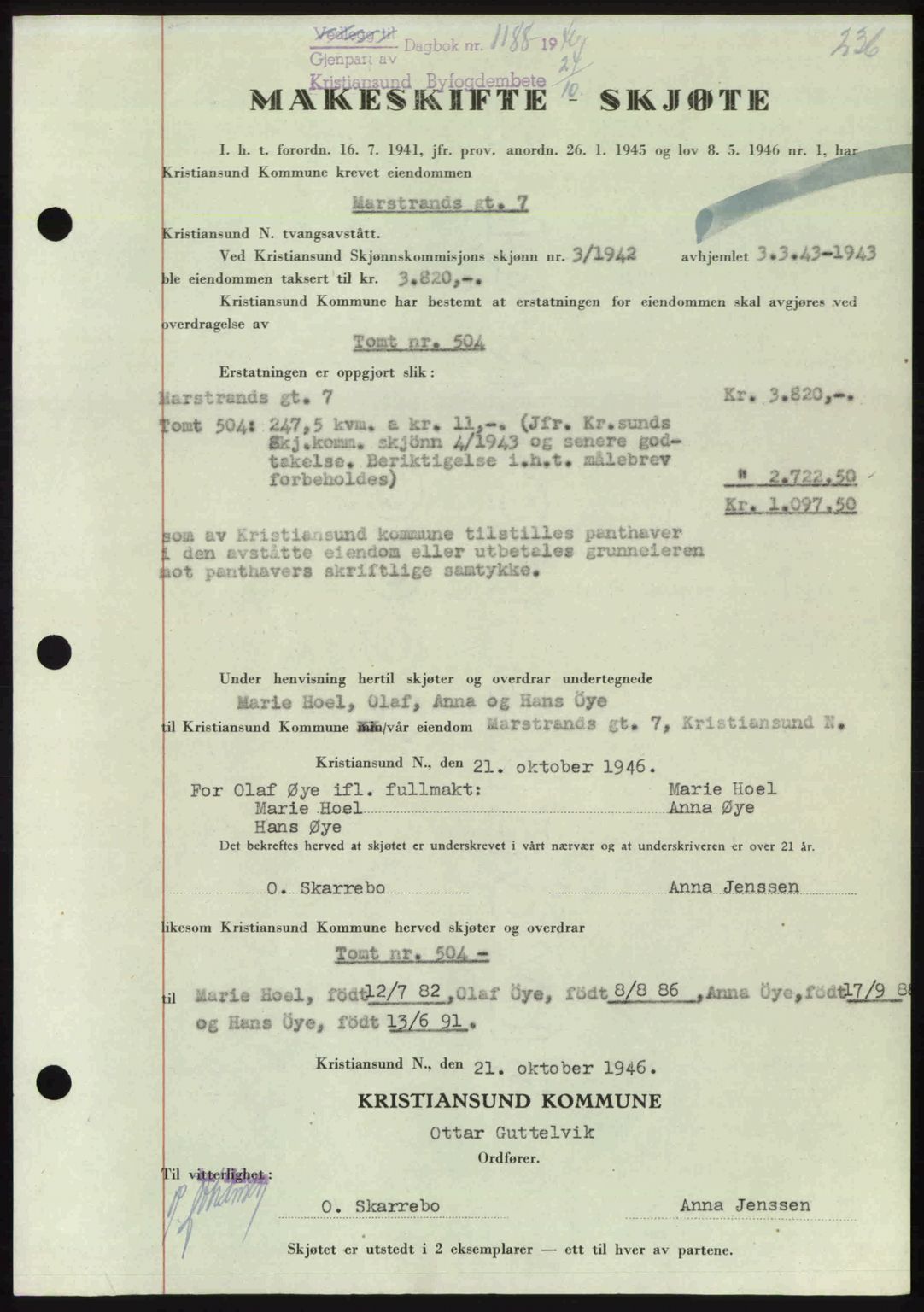 Kristiansund byfogd, AV/SAT-A-4587/A/27: Mortgage book no. 39b, 1946-1947, Diary no: : 1188/1946
