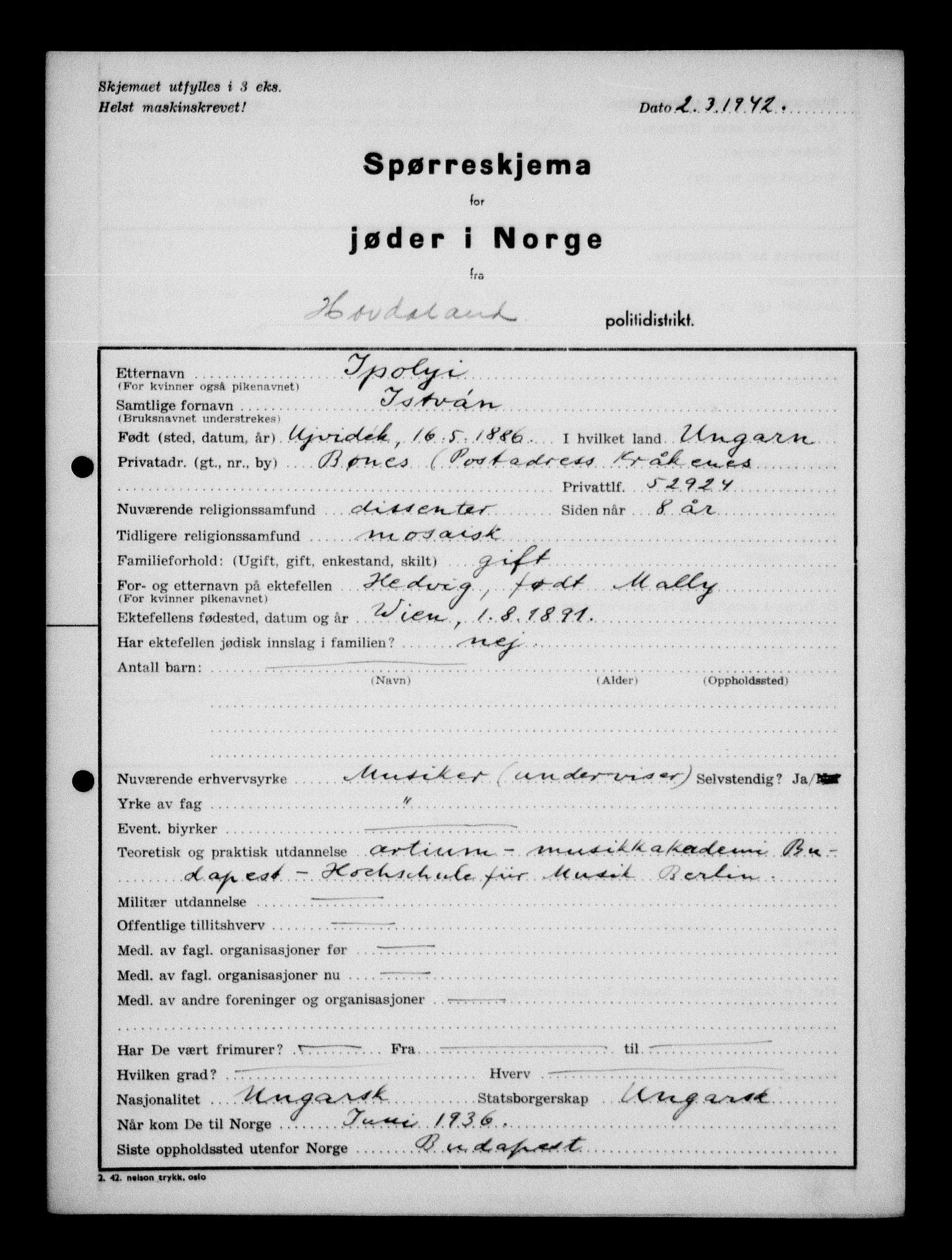 Statspolitiet - Hovedkontoret / Osloavdelingen, AV/RA-S-1329/G/Ga/L0012: Spørreskjema for jøder i Norge. 1: Aker 114- 207 (Levinson-Wozak) og 656 (Salomon). 2: Arendal-Hordaland. 3: Horten-Romerike.  , 1942, p. 606