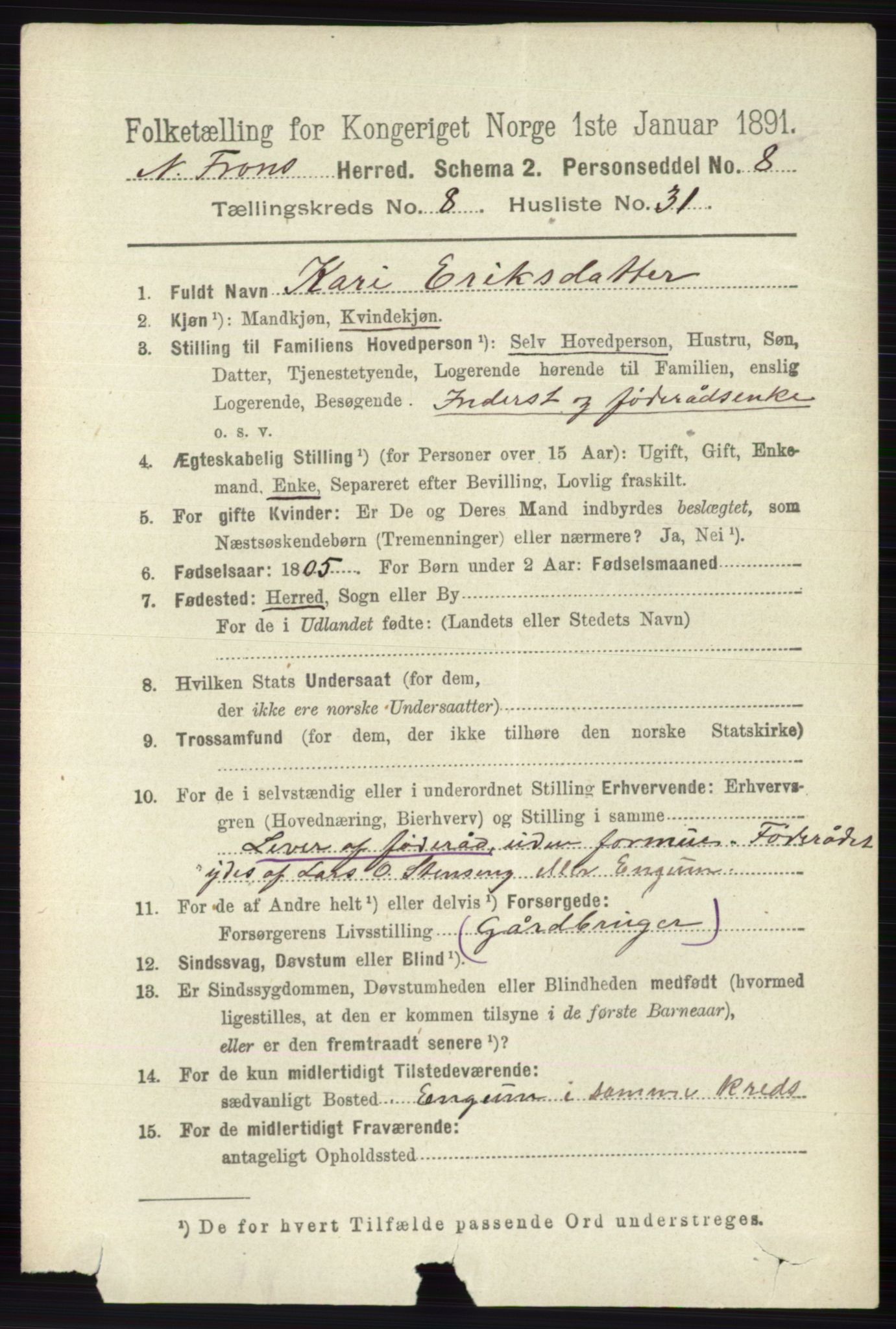 RA, 1891 census for 0518 Nord-Fron, 1891, p. 3590