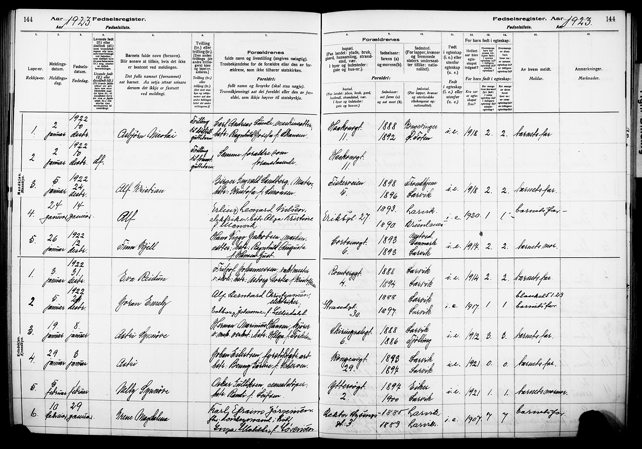 Larvik kirkebøker, AV/SAKO-A-352/J/Ja/L0001: Birth register no. I 1, 1916-1926, p. 144