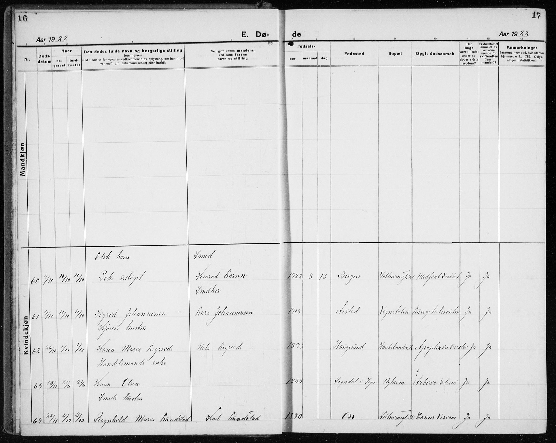 Årstad Sokneprestembete, AV/SAB-A-79301/H/Hab/L0025: Parish register (copy) no. D 2, 1922-1940, p. 16-17