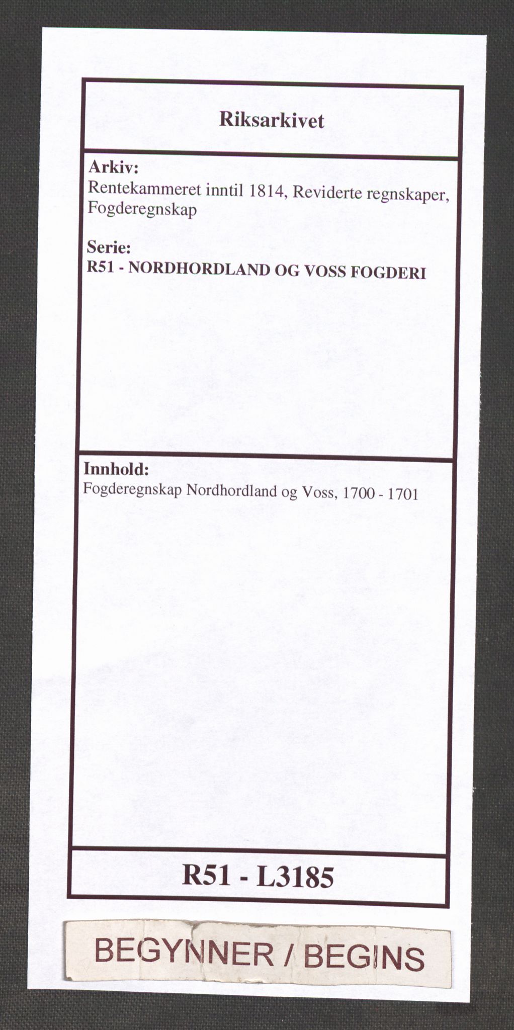 Rentekammeret inntil 1814, Reviderte regnskaper, Fogderegnskap, AV/RA-EA-4092/R51/L3185: Fogderegnskap Nordhordland og Voss, 1700-1701, p. 1