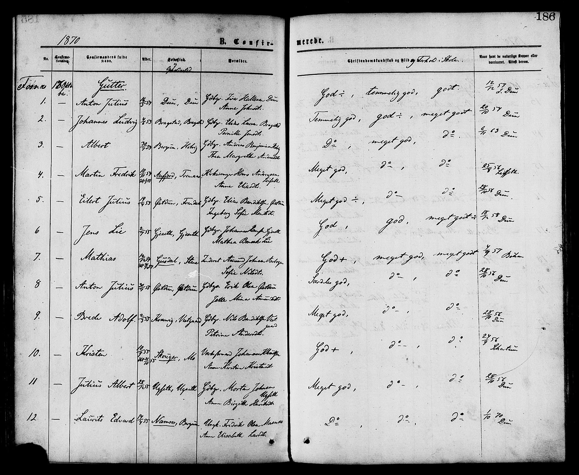 Ministerialprotokoller, klokkerbøker og fødselsregistre - Nord-Trøndelag, SAT/A-1458/773/L0616: Parish register (official) no. 773A07, 1870-1887, p. 186