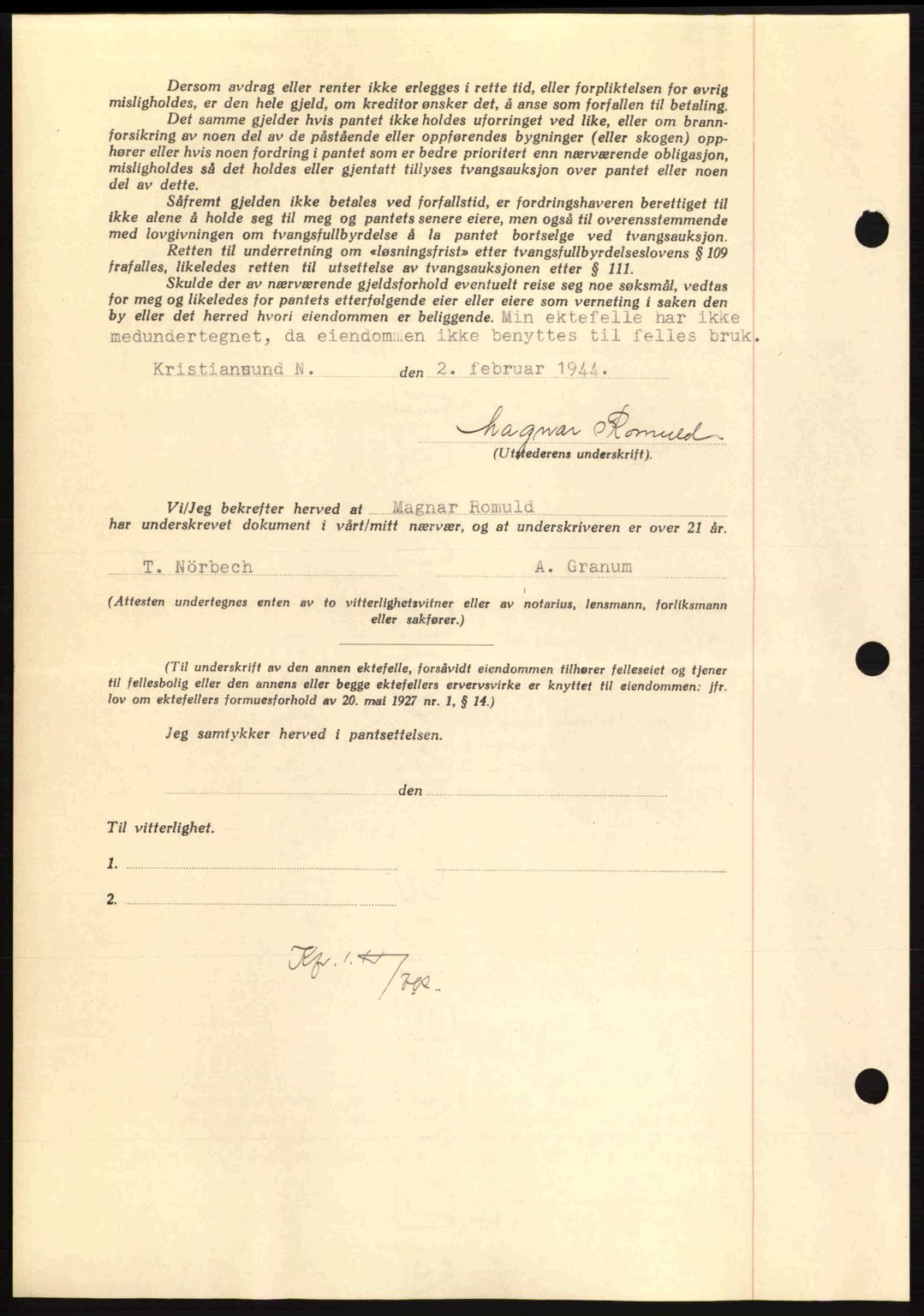 Nordmøre sorenskriveri, AV/SAT-A-4132/1/2/2Ca: Mortgage book no. B91, 1943-1944, Diary no: : 208/1944