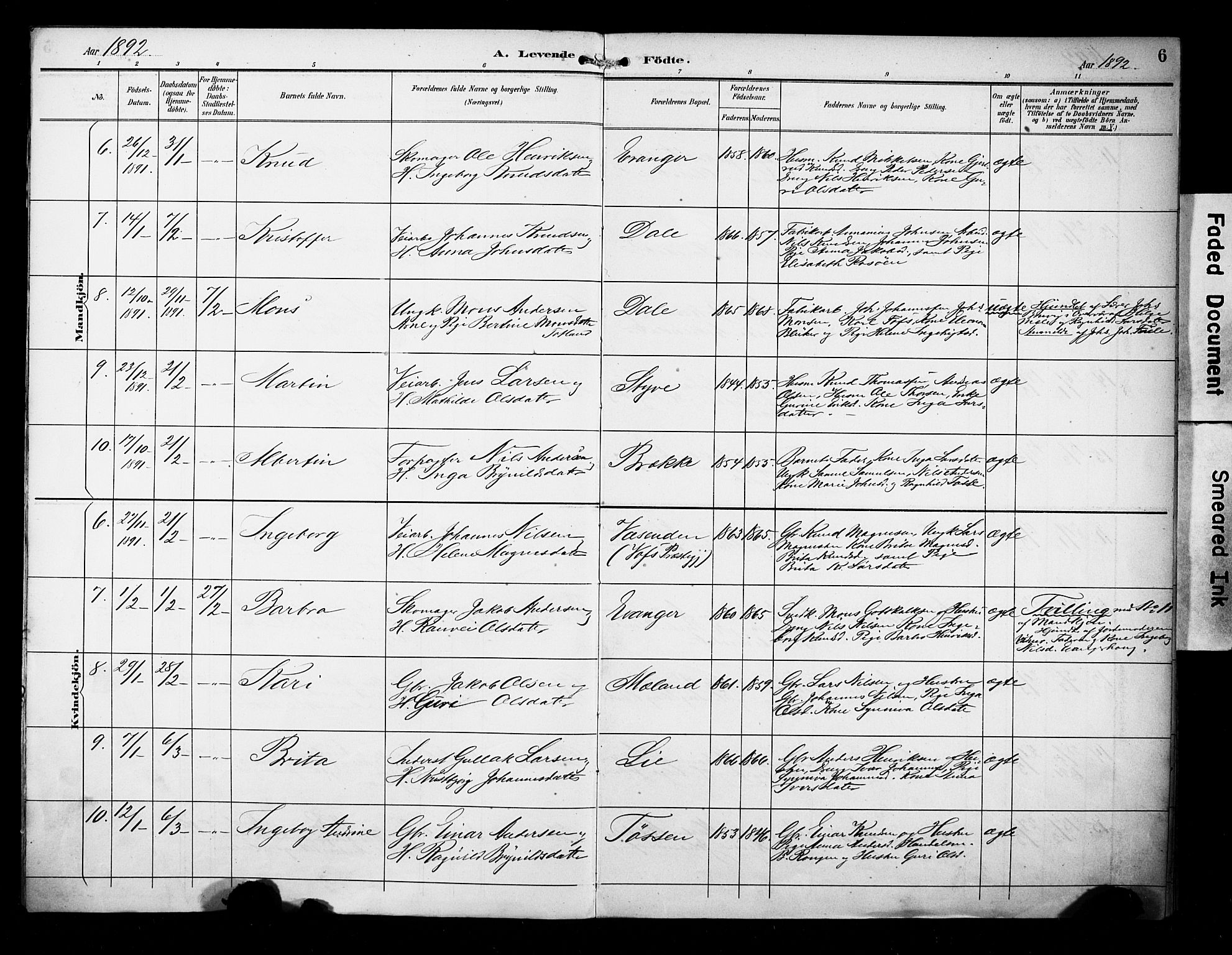 Evanger sokneprestembete, SAB/A-99924: Parish register (official) no. A 2, 1892-1899, p. 6