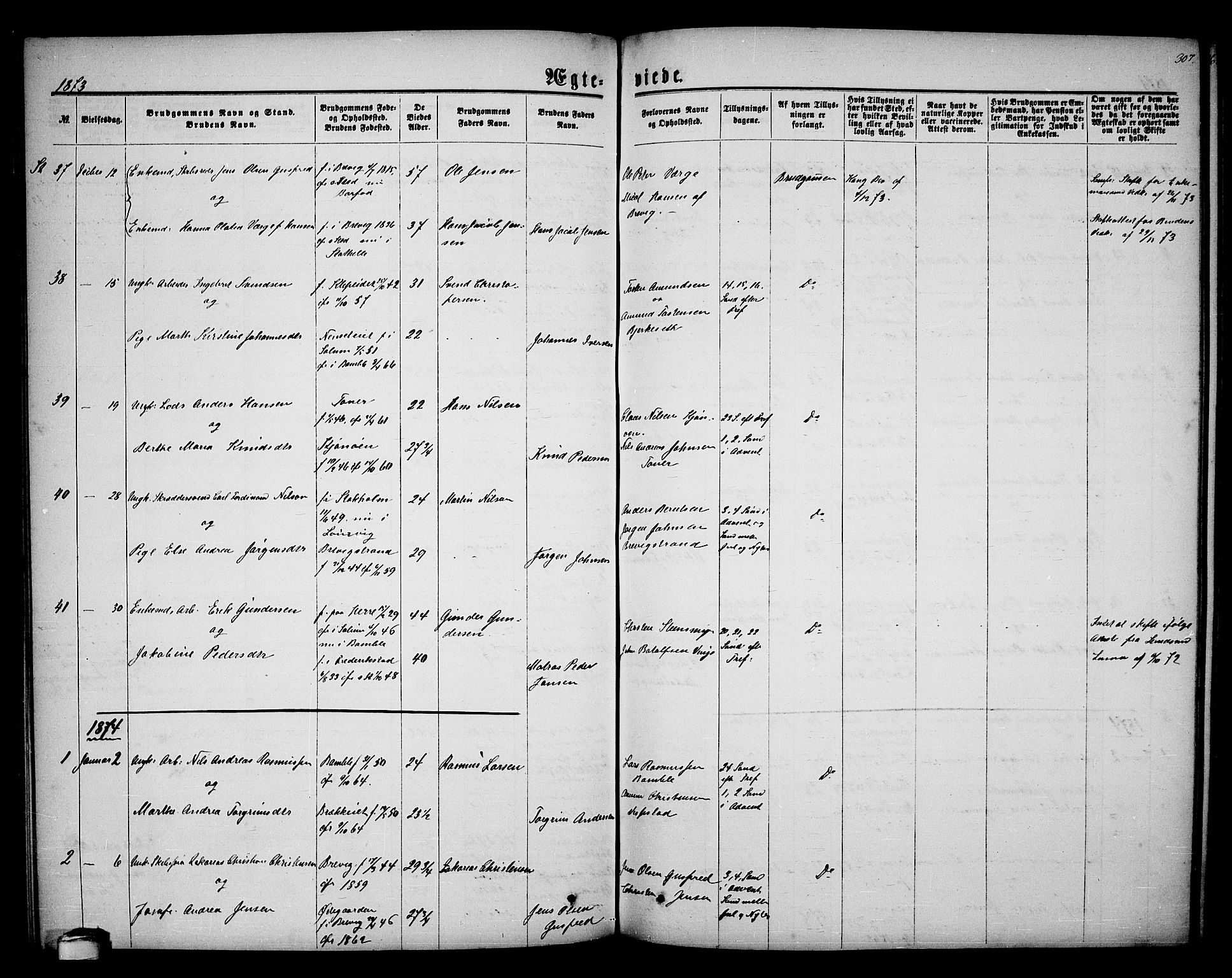 Bamble kirkebøker, SAKO/A-253/G/Ga/L0006: Parish register (copy) no. I 6, 1860-1876, p. 307