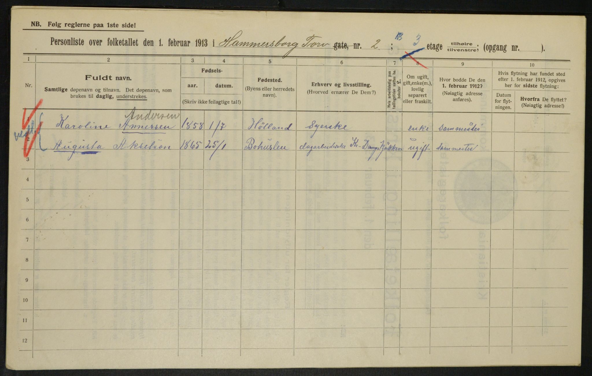 OBA, Municipal Census 1913 for Kristiania, 1913, p. 34453