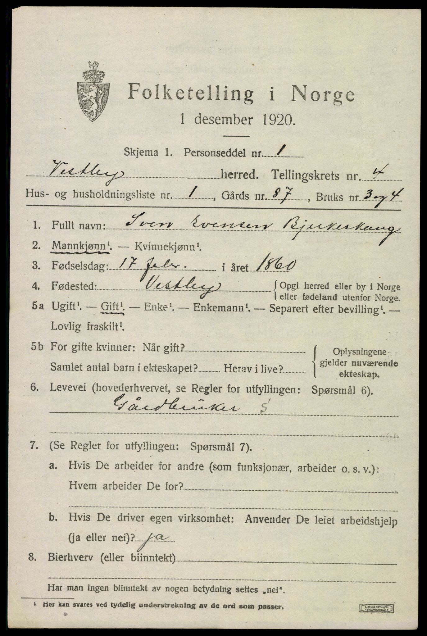 SAO, 1920 census for Vestby, 1920, p. 4469