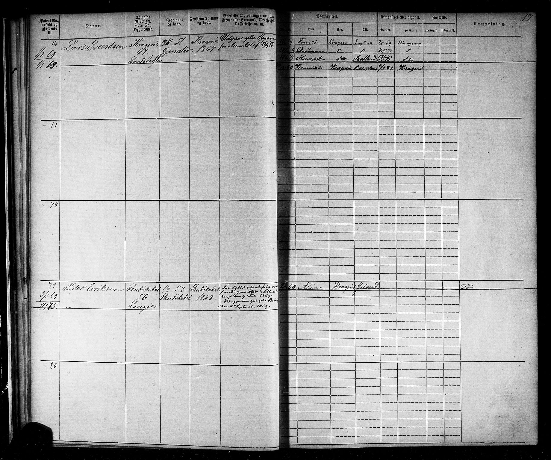 Kragerø innrulleringskontor, AV/SAKO-A-830/F/Fb/L0002: Annotasjonsrulle, 1868-1892, p. 19