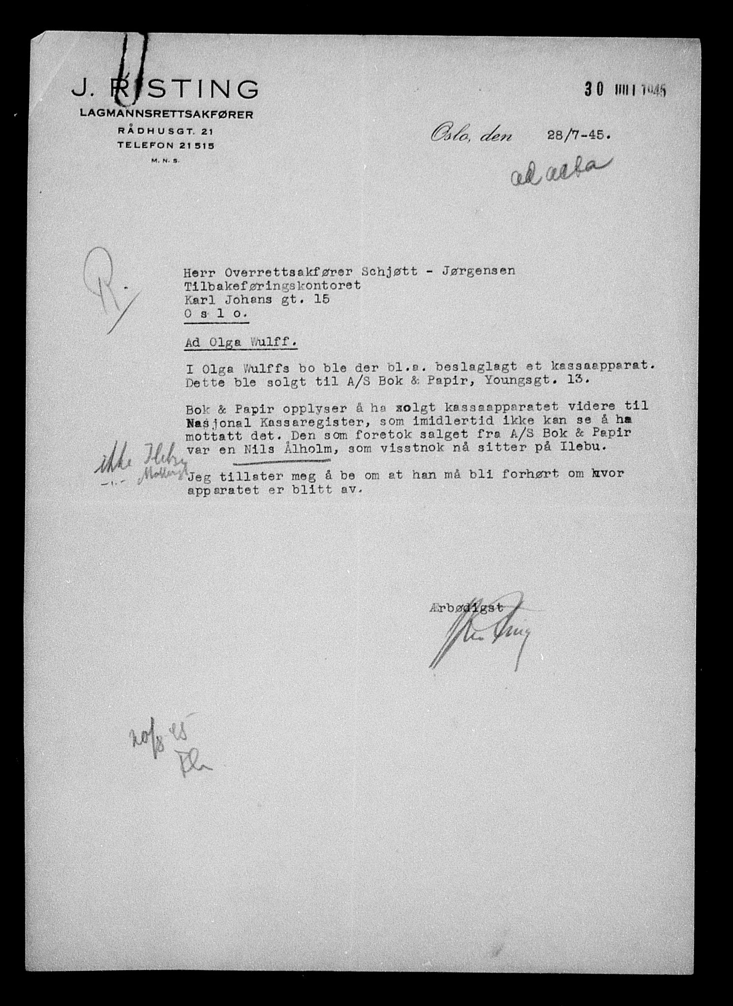 Justisdepartementet, Tilbakeføringskontoret for inndratte formuer, AV/RA-S-1564/H/Hc/Hcc/L0988: --, 1945-1947, p. 22