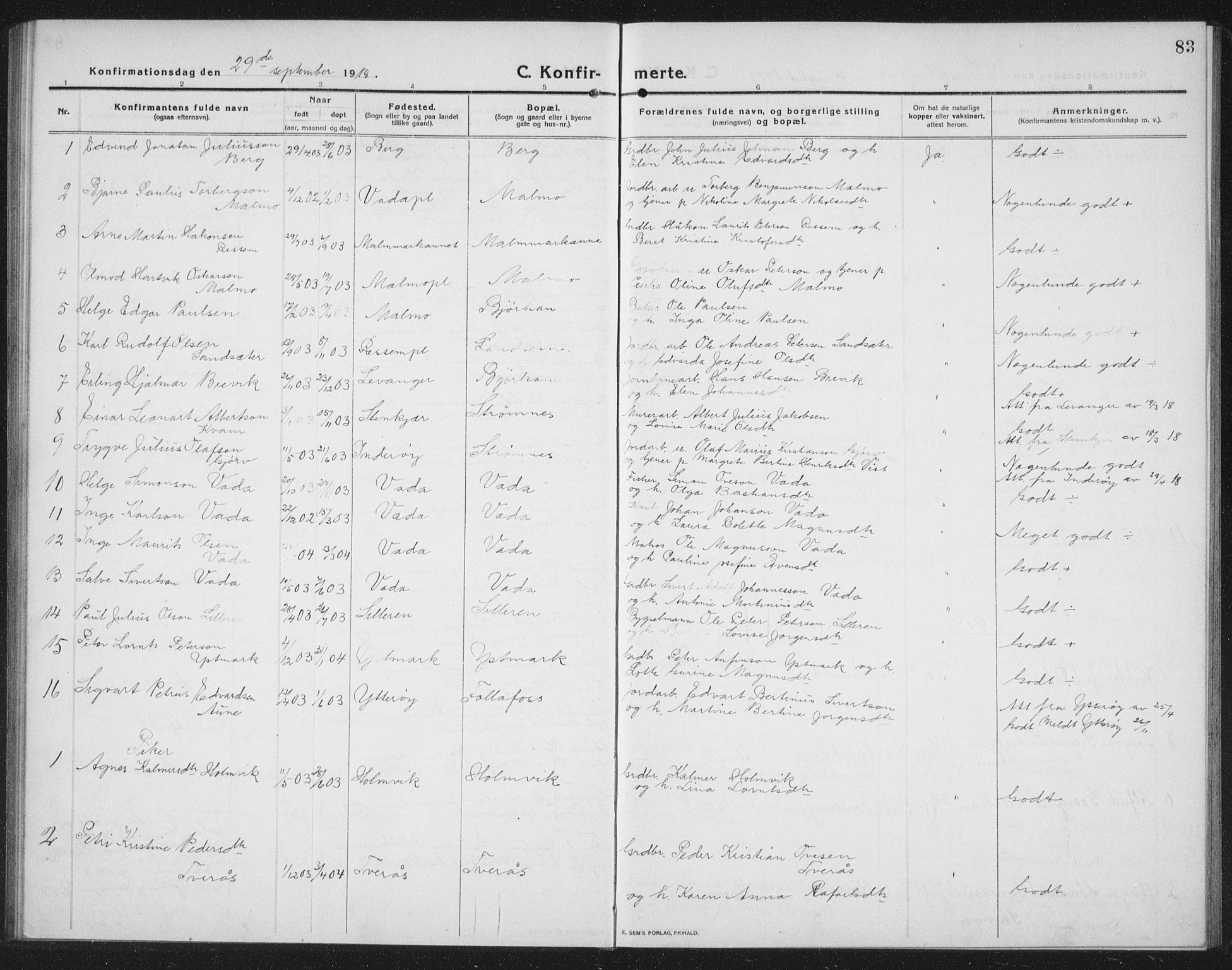 Ministerialprotokoller, klokkerbøker og fødselsregistre - Nord-Trøndelag, SAT/A-1458/745/L0434: Parish register (copy) no. 745C03, 1914-1937, p. 83