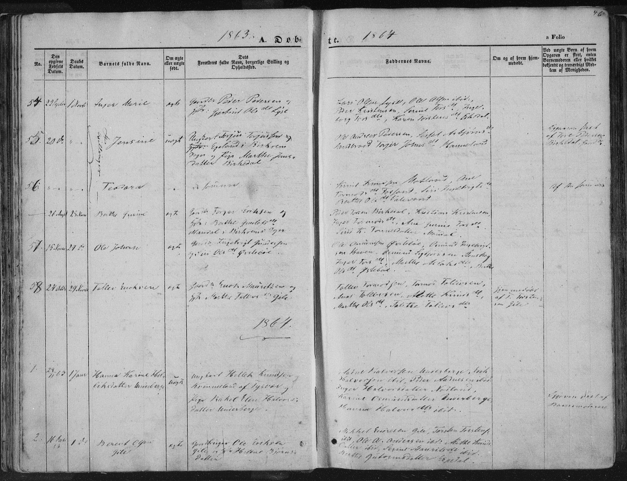 Høgsfjord sokneprestkontor, AV/SAST-A-101624/H/Ha/Haa/L0001: Parish register (official) no. A 1, 1854-1875, p. 46