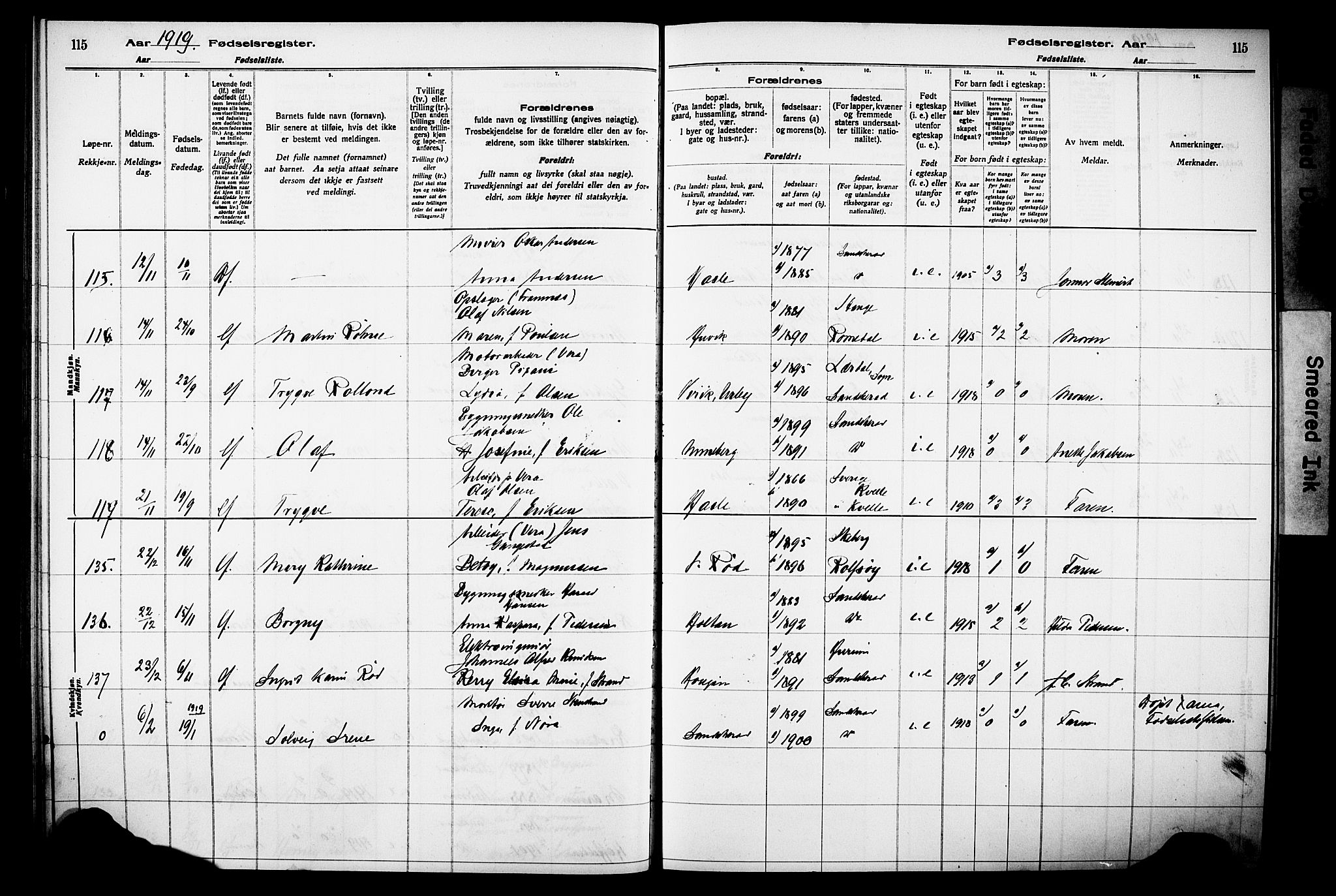 Sandar kirkebøker, AV/SAKO-A-243/J/Ja/L0001: Birth register no. 1, 1916-1922, p. 115