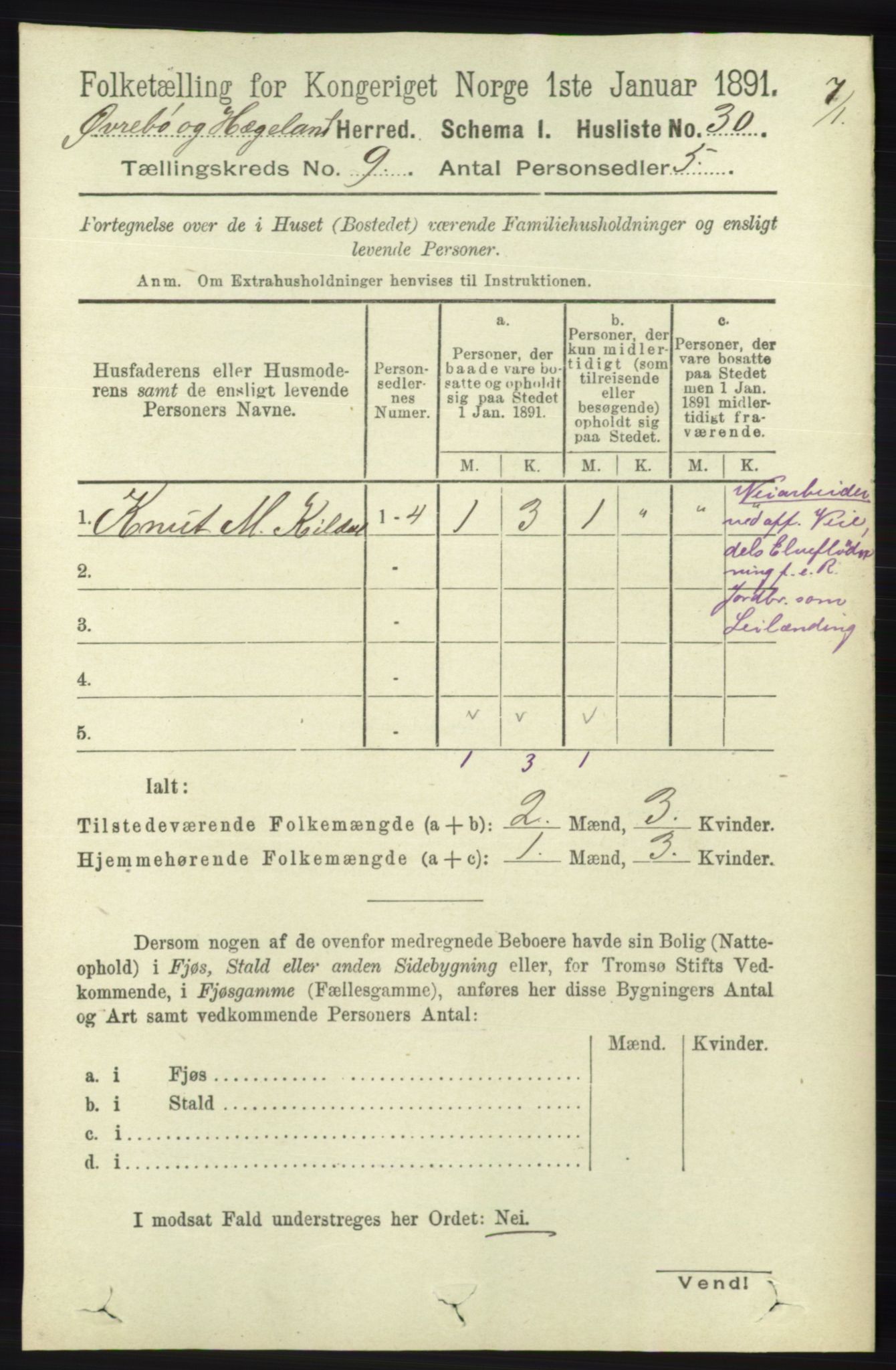 RA, 1891 census for 1016 Øvrebø og Hægeland, 1891, p. 1734