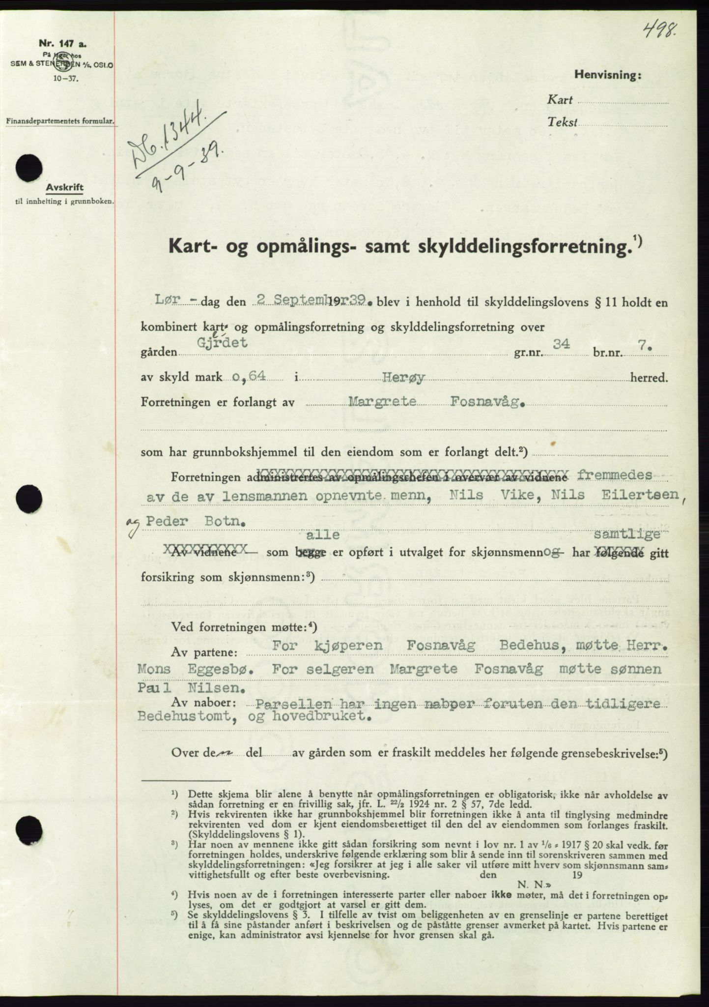 Søre Sunnmøre sorenskriveri, AV/SAT-A-4122/1/2/2C/L0068: Mortgage book no. 62, 1939-1939, Diary no: : 1344/1939