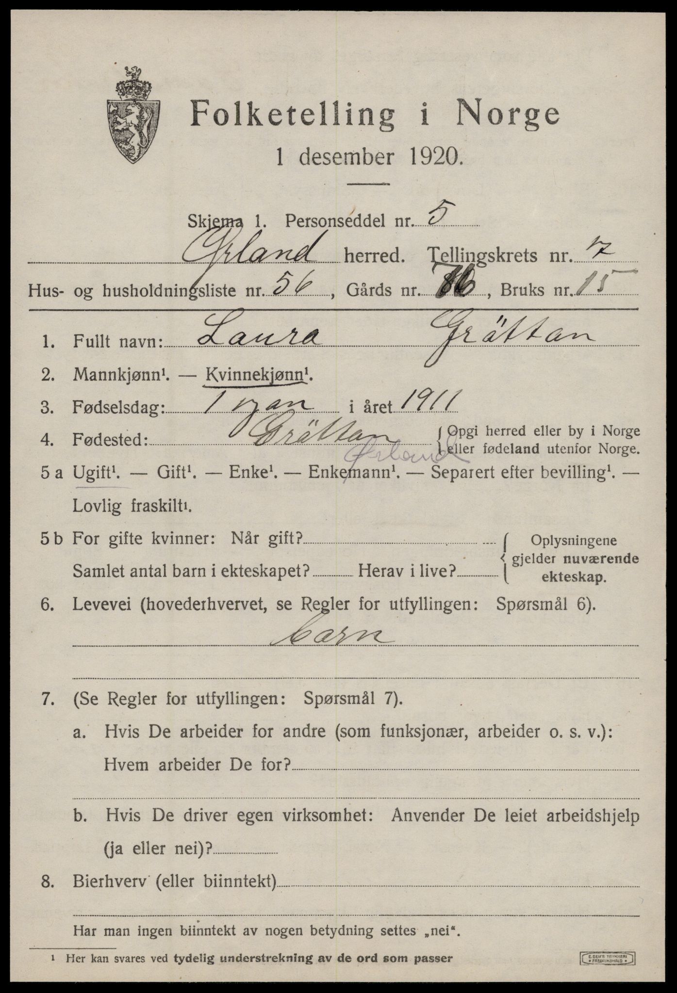 SAT, 1920 census for Ørland, 1920, p. 6597