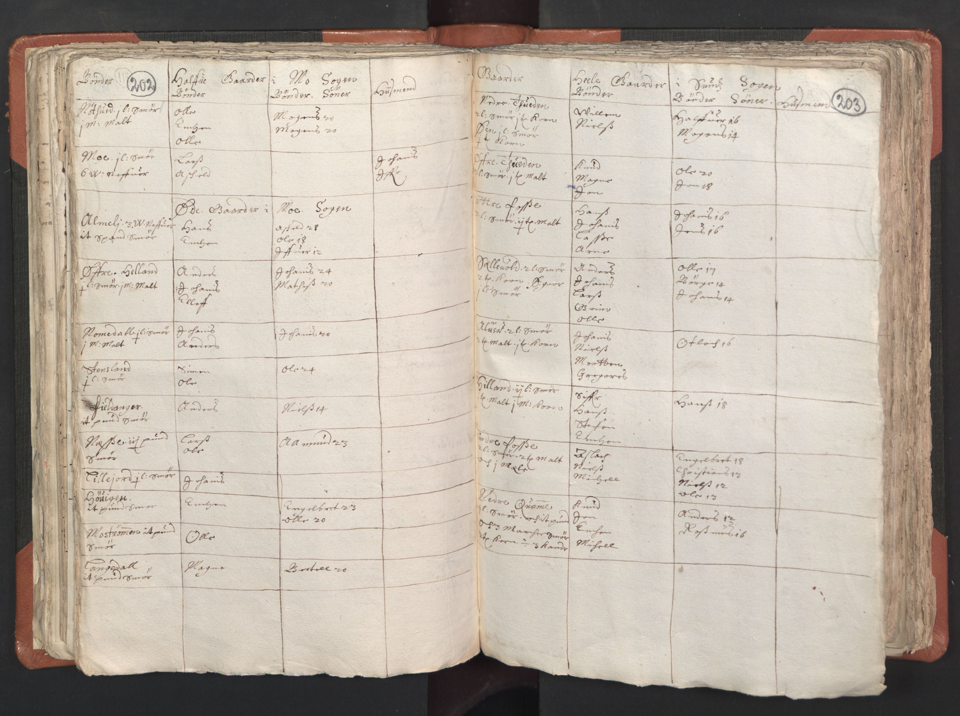 RA, Vicar's Census 1664-1666, no. 22: Nordhordland deanery, 1664-1666, p. 202-203