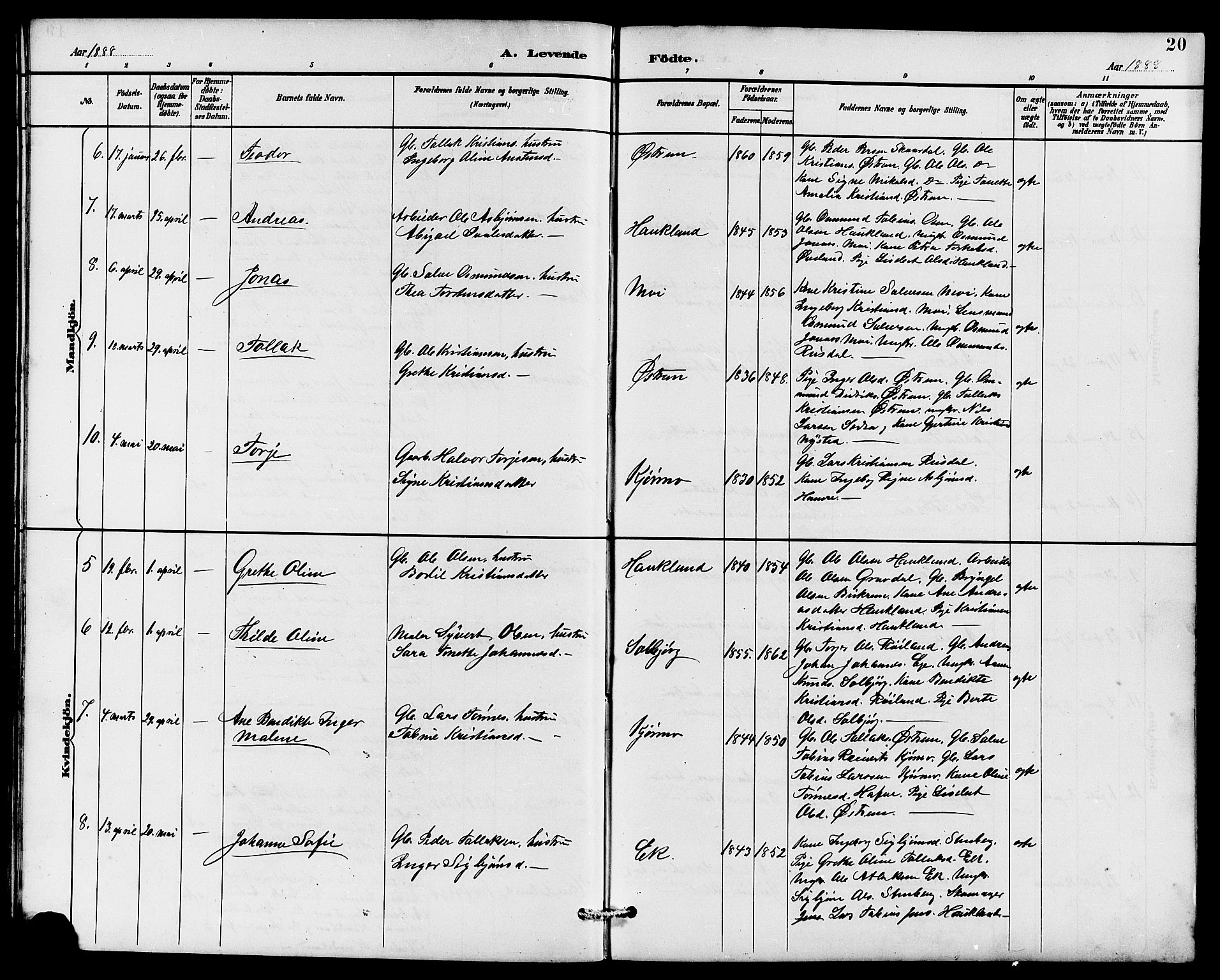 Lund sokneprestkontor, AV/SAST-A-101809/S07/L0006: Parish register (copy) no. B 6, 1885-1901, p. 20