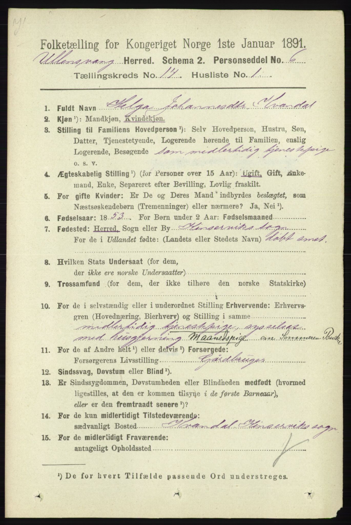 RA, 1891 census for 1230 Ullensvang, 1891, p. 5558