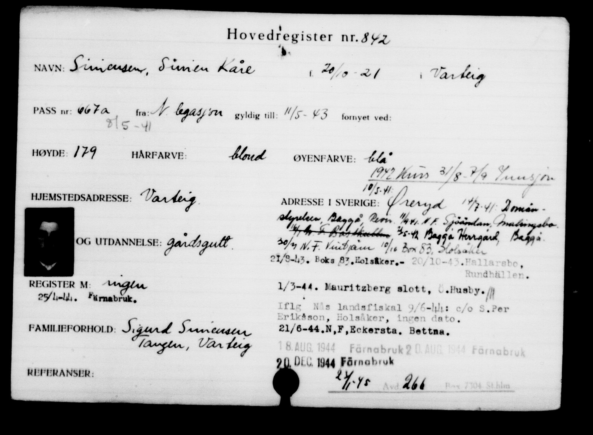 Utenriksstasjonene, Legasjonen i Stockholm, Flyktningkontoret, AV/RA-S-6753/V/Va/L0001: Kjesäterkartoteket, flyktninger med registreringsnr. 1-1000, 1940-1945, p. 1338